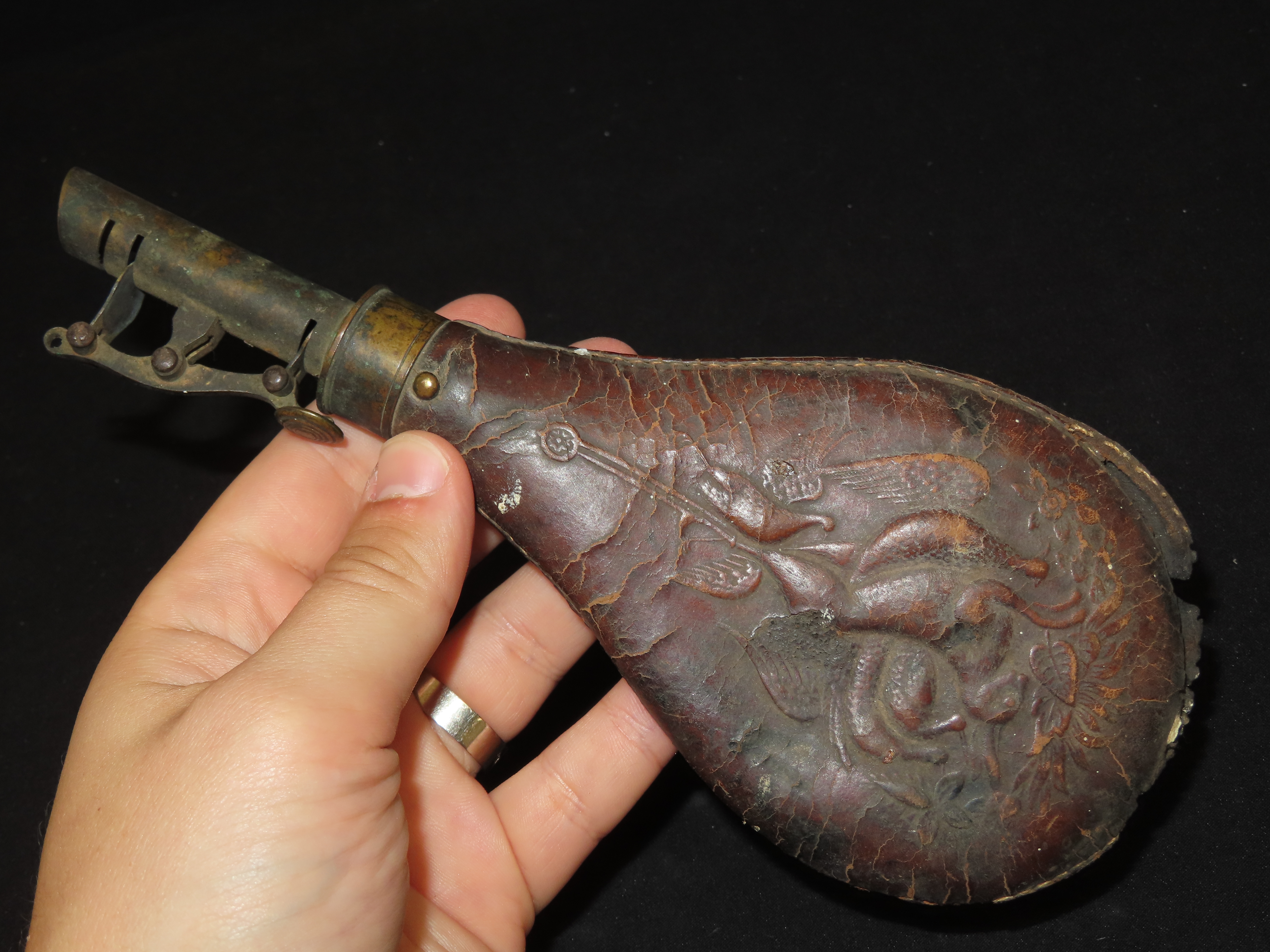 Nice Civil War Era Powder Flask, Nicely Decorated. Very Elaborate Design, Great Age & patina.