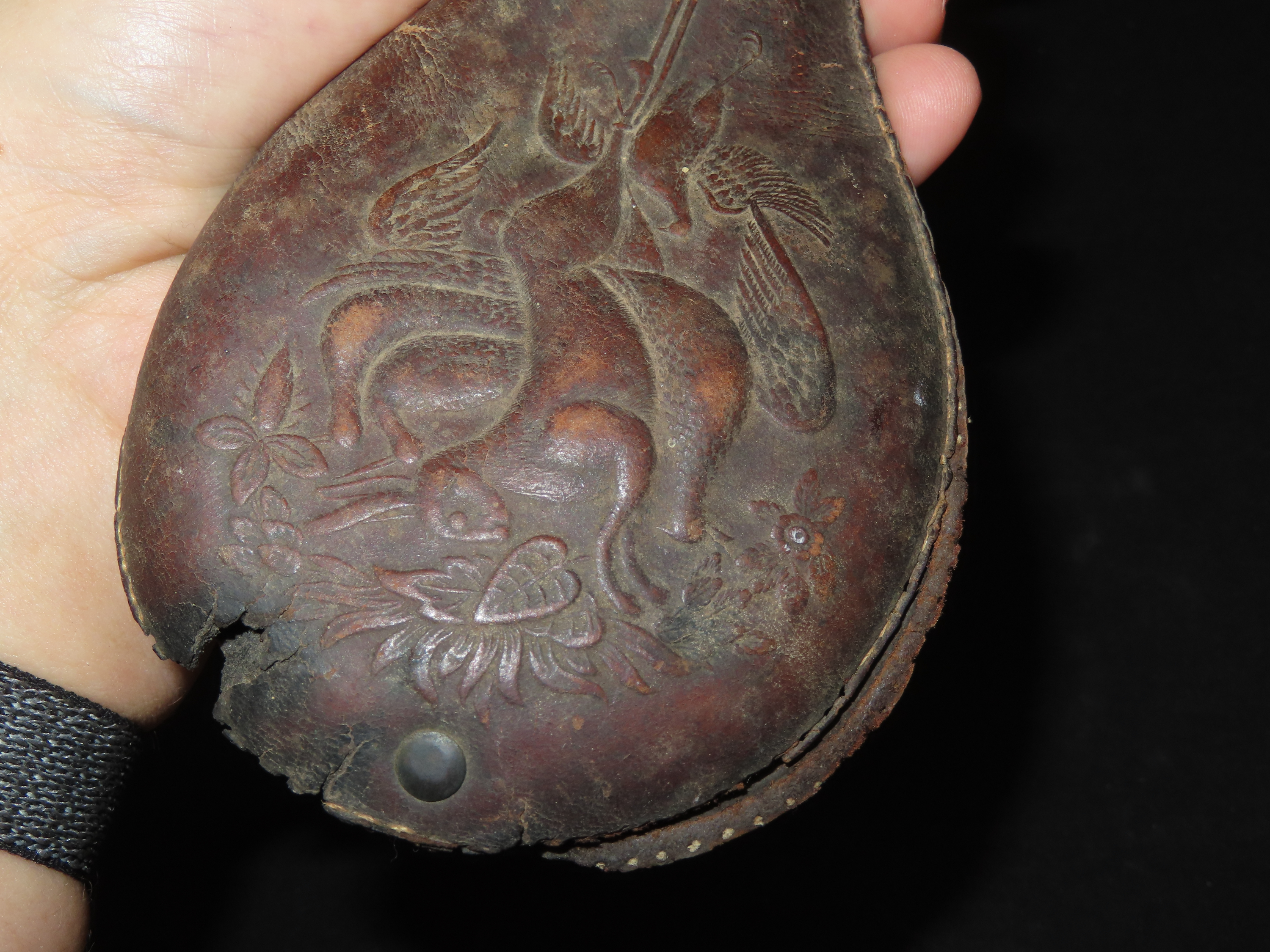 Nice Civil War Era Powder Flask, Nicely Decorated. Very Elaborate Design, Great Age & patina.