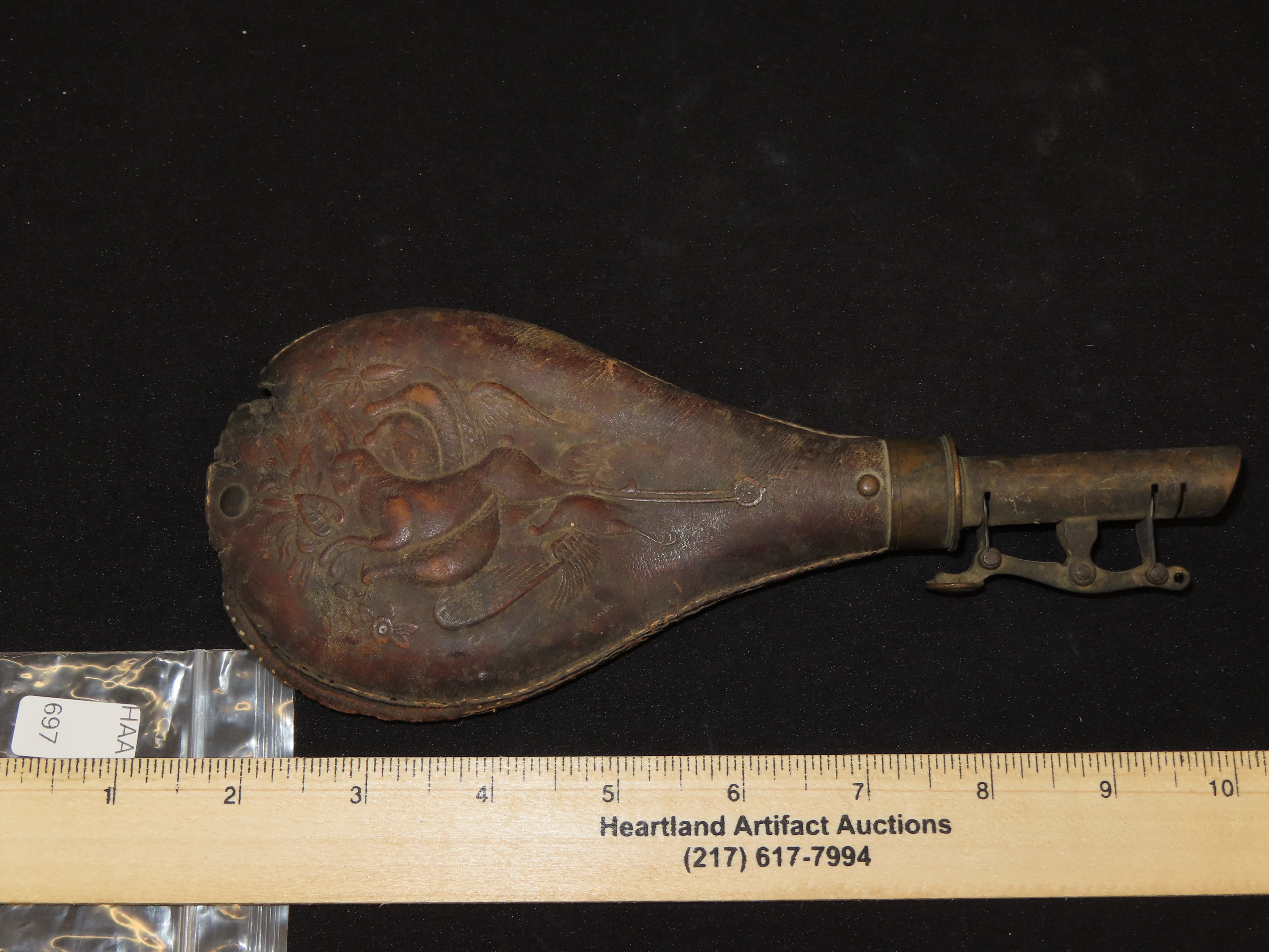 Nice Civil War Era Powder Flask, Nicely Decorated. Very Elaborate Design, Great Age & patina.