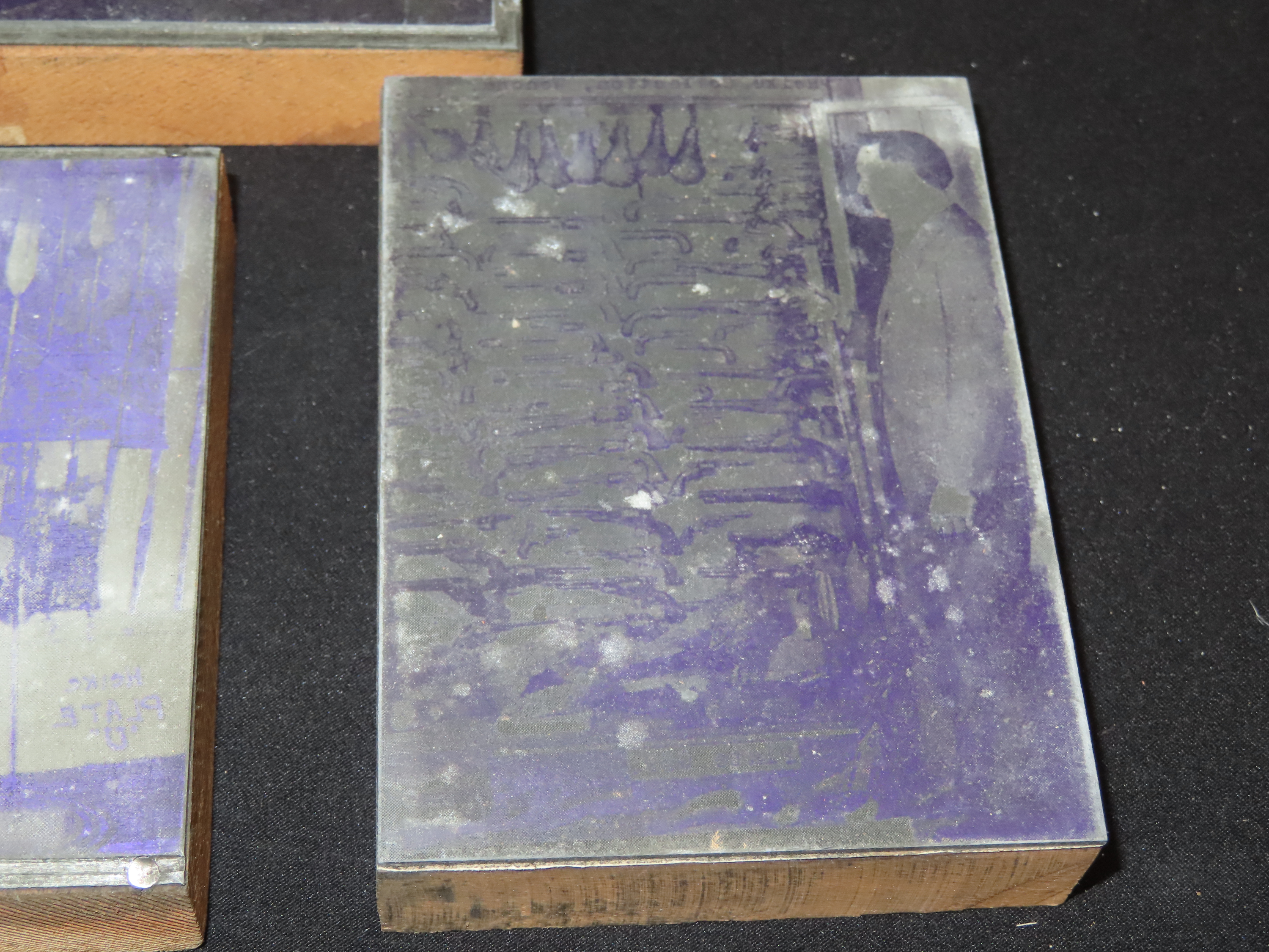 Lot of 6 Antique Printing Plates with Guns, Rifles, Army, Navy, etc. Used in Rev. Heike's Book on guns.