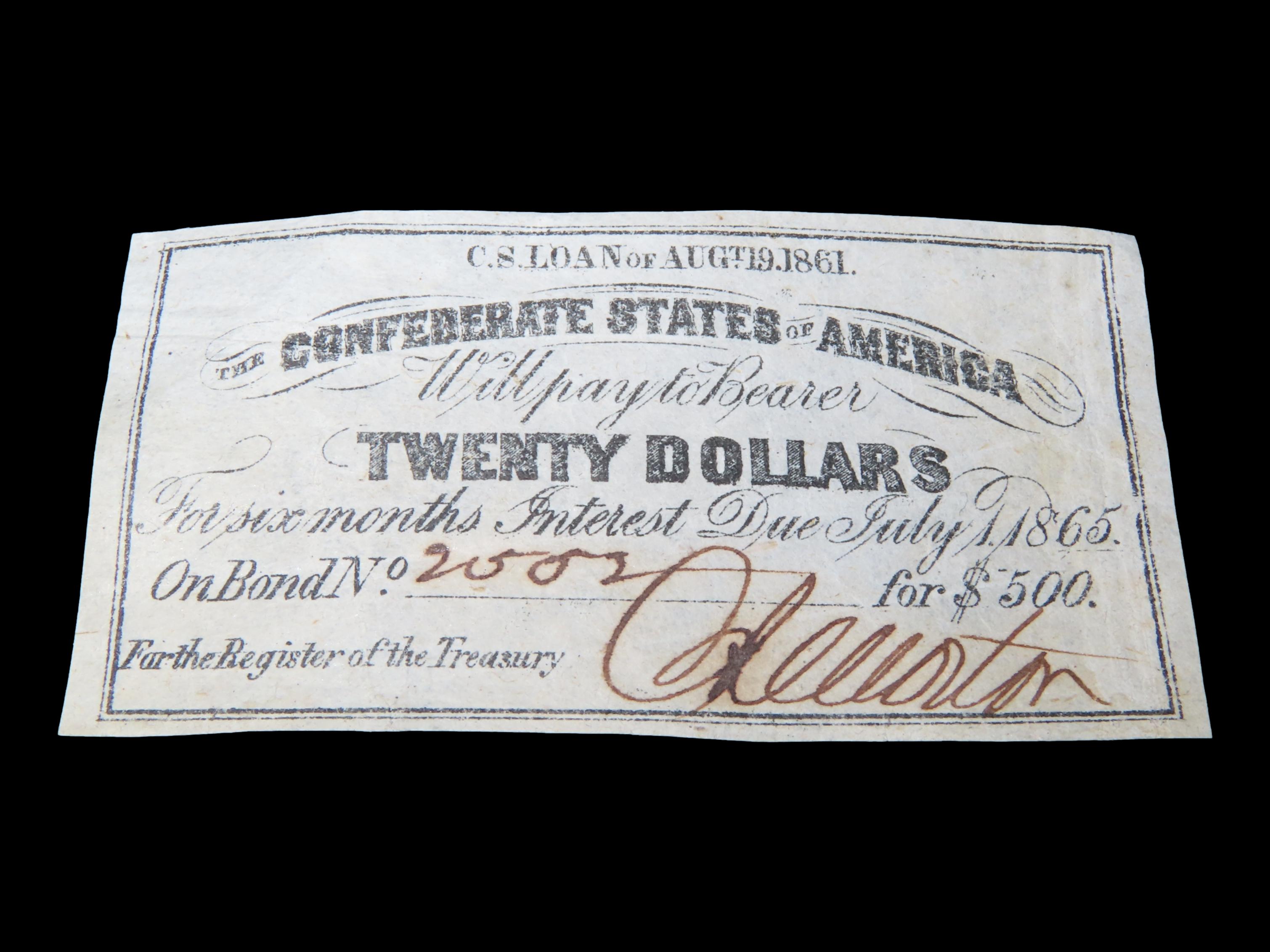 Civil War Confederate States $20 Bond Note, Dated August 19th, 1861. Original Hand Signed Document from the Time Period. Great Piece of Amer