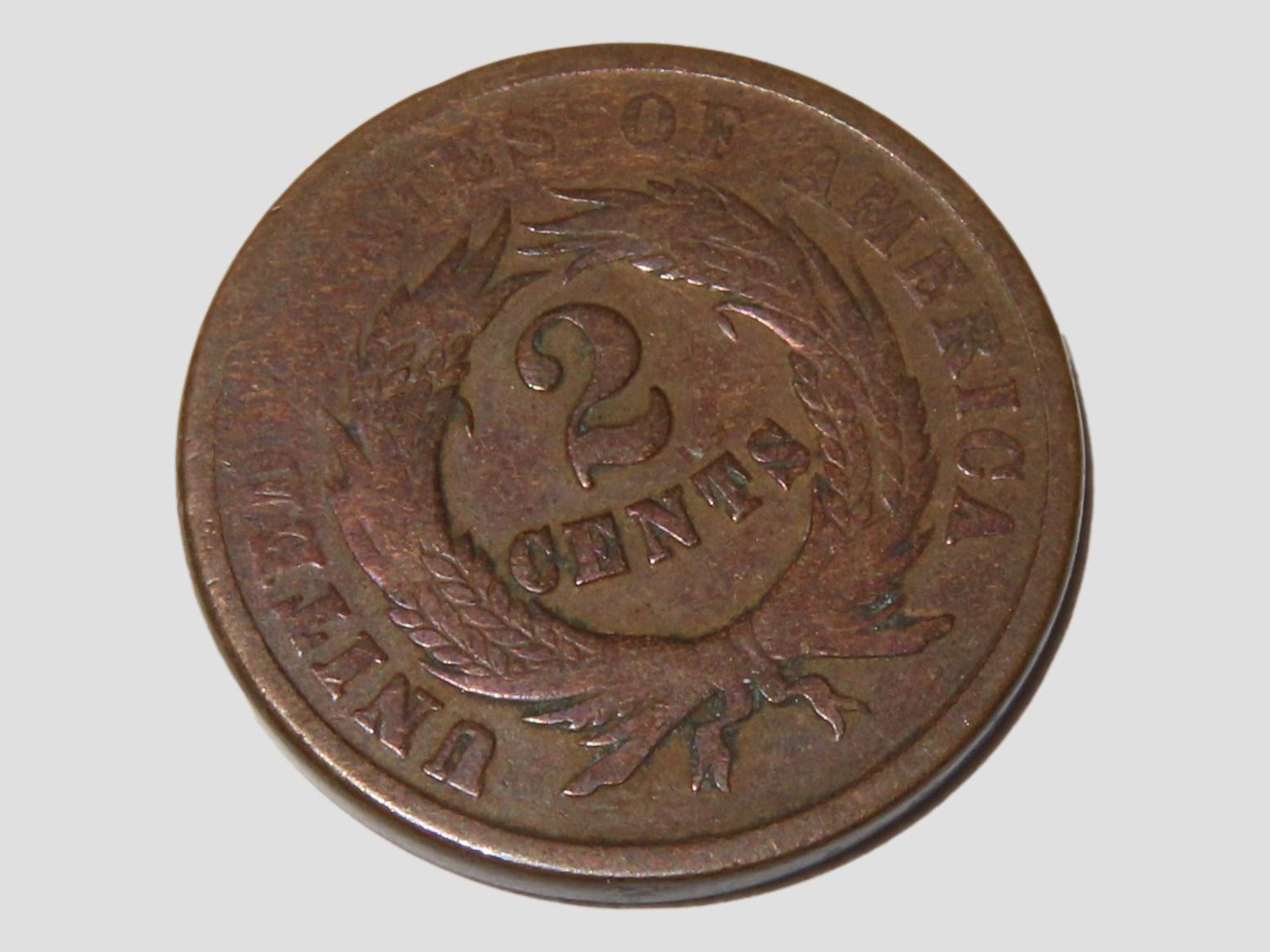 1864 Civil War era Two Cent Coin, Great Condition, 2 Cents Obsolete U.S. Coins, United States Currency