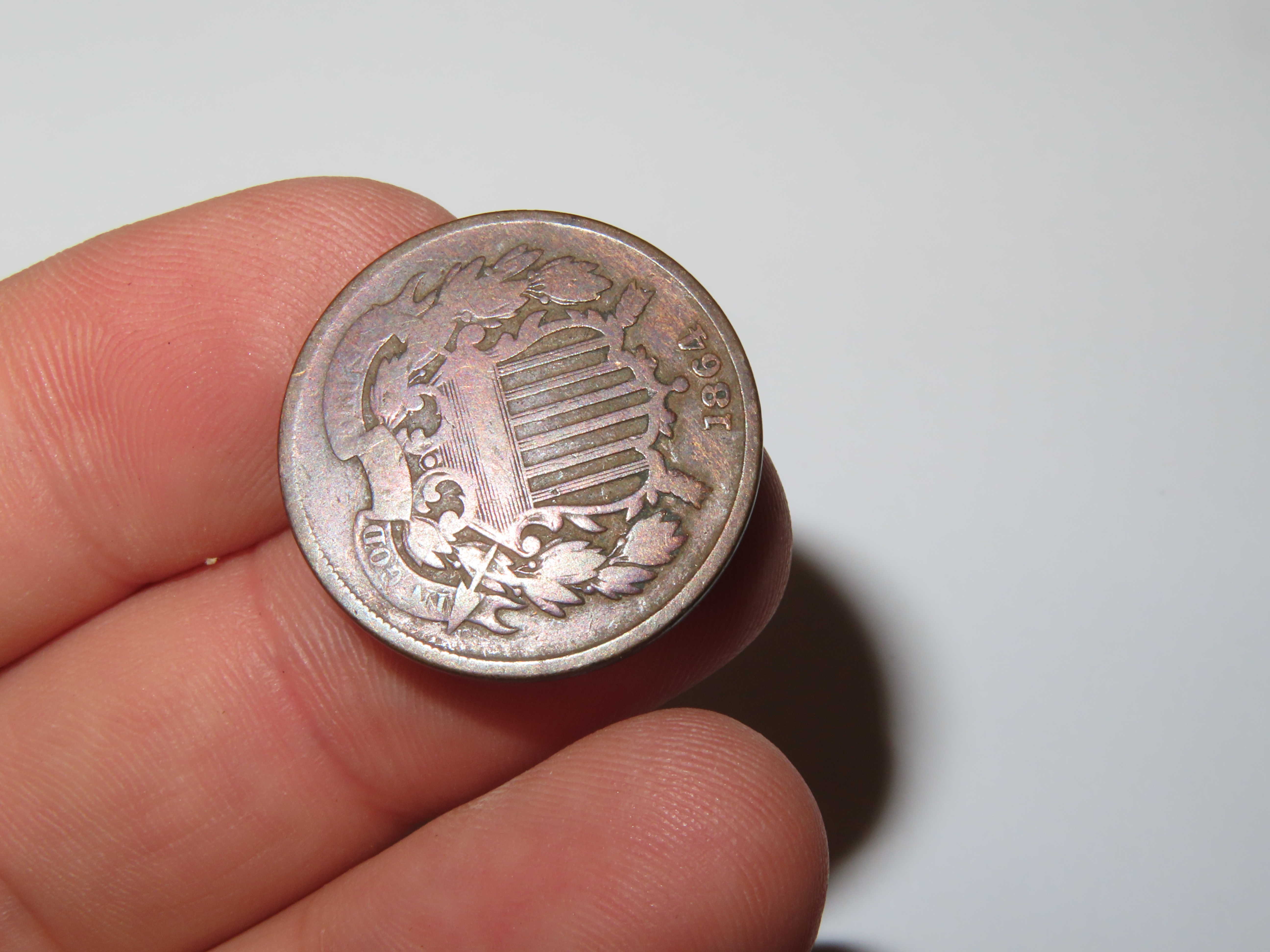1864 Civil War era Two Cent Coin, Great Condition, 2 Cents Obsolete U.S. Coins, United States Currency