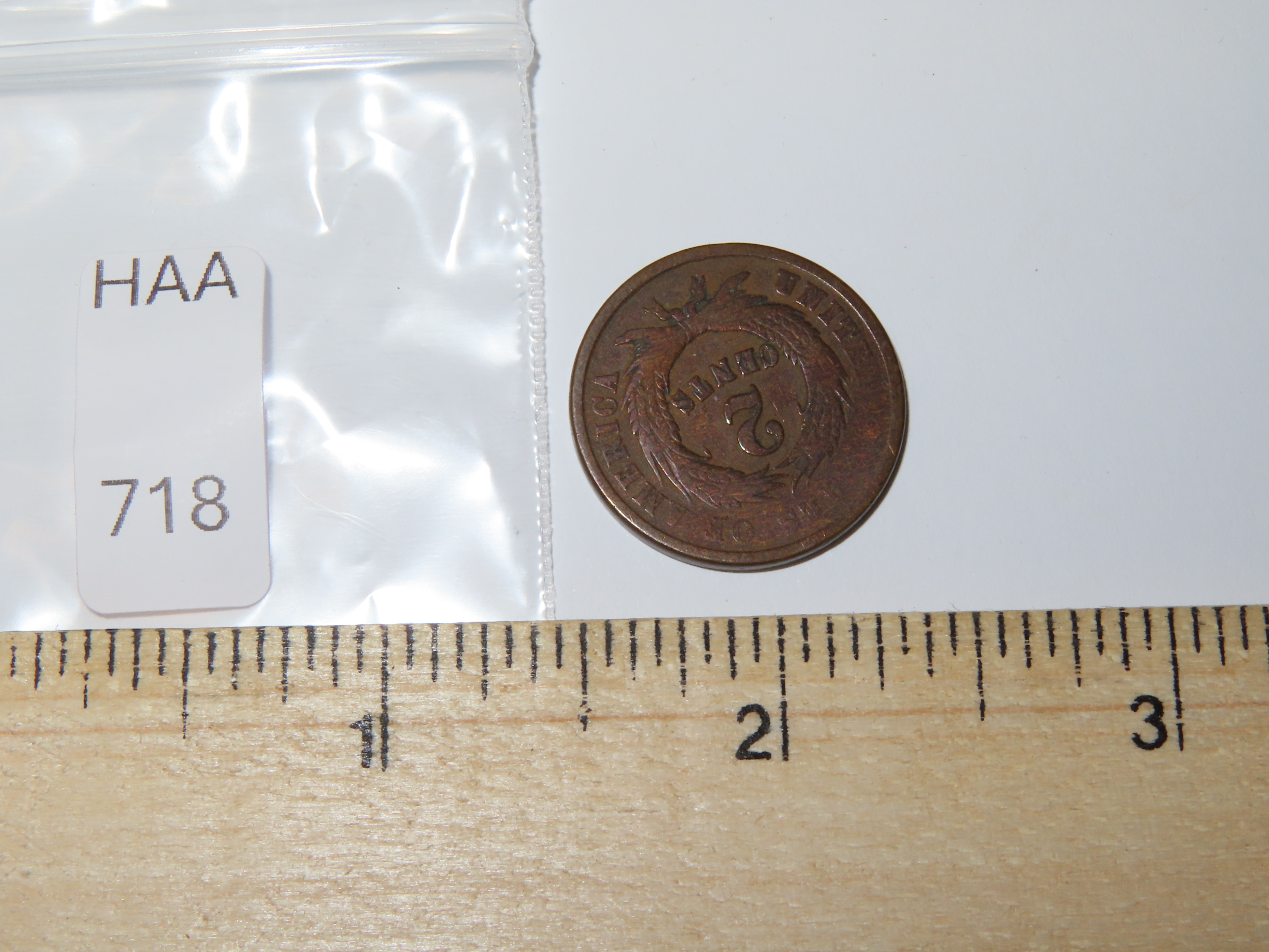 1864 Civil War era Two Cent Coin, Great Condition, 2 Cents Obsolete U.S. Coins, United States Currency