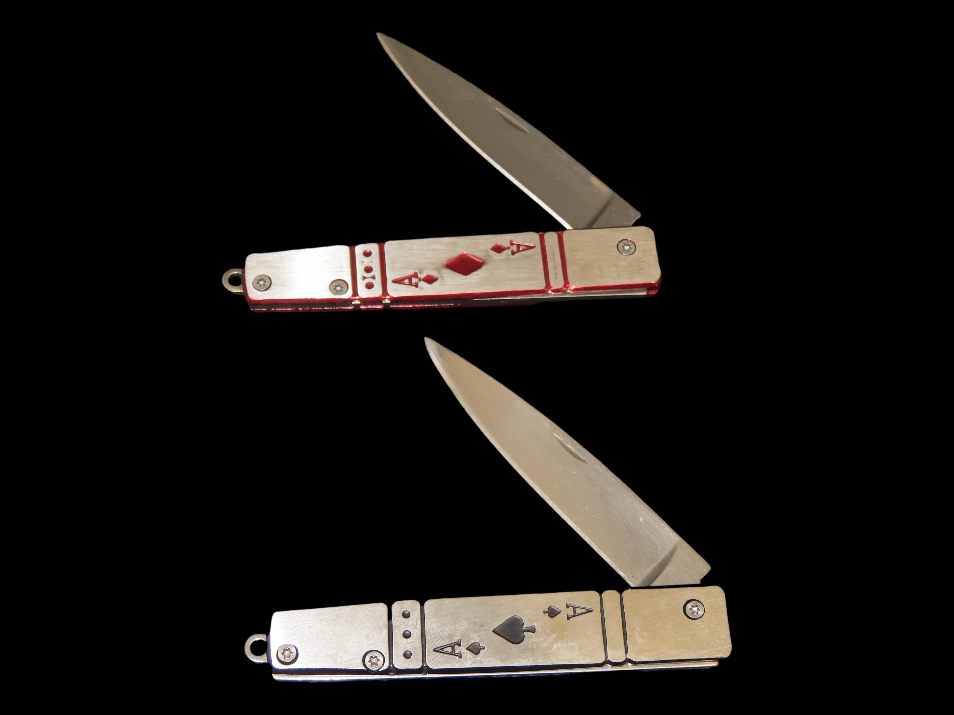 Pair of Poker Player Pocket Knives, Ace of Spades / Diamonds, Single Blade Folding Knife, Un-Used Like New