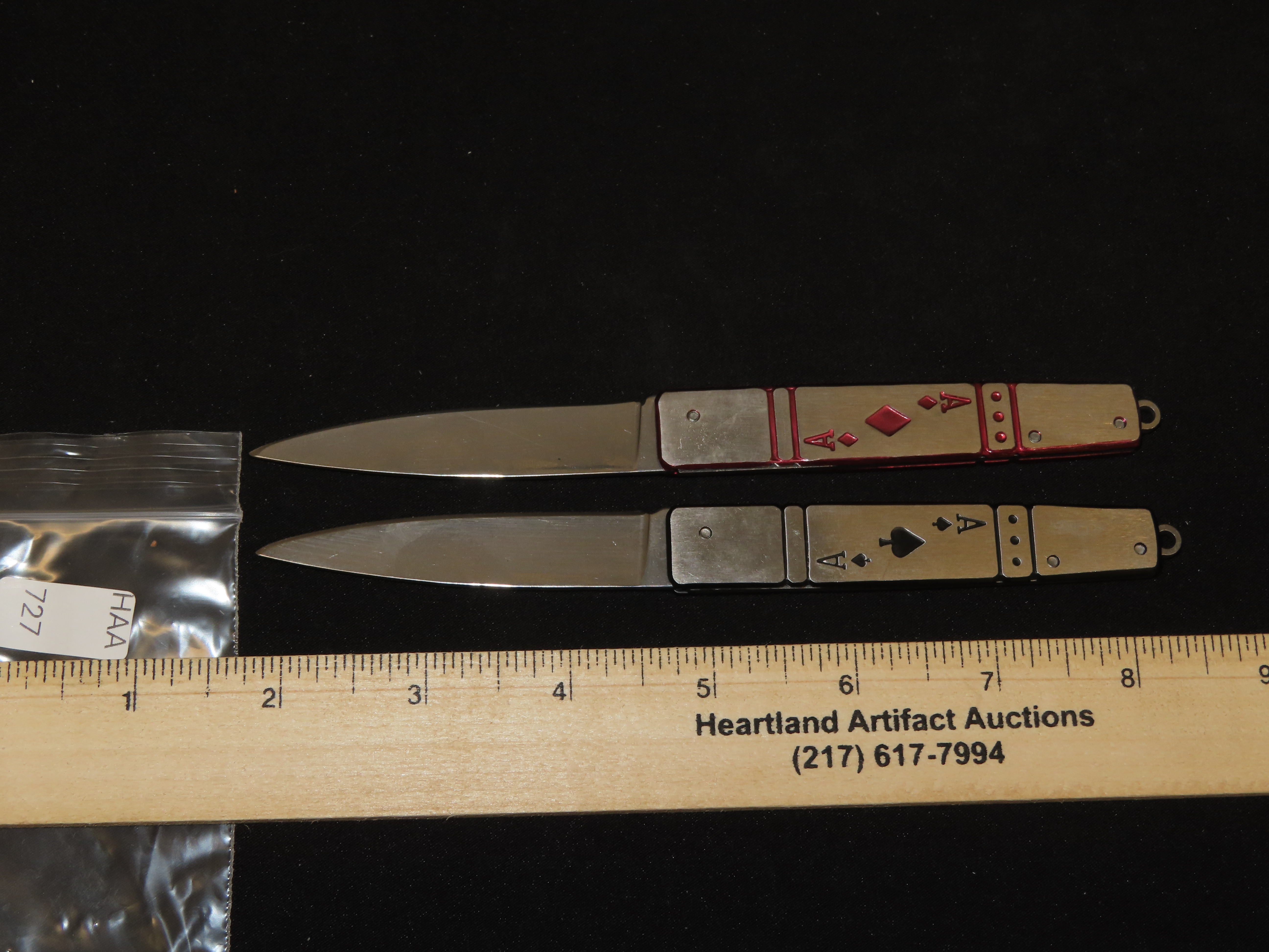 Pair of Poker Player Pocket Knives, Ace of Spades / Diamonds, Single Blade Folding Knife, Un-Used Like New