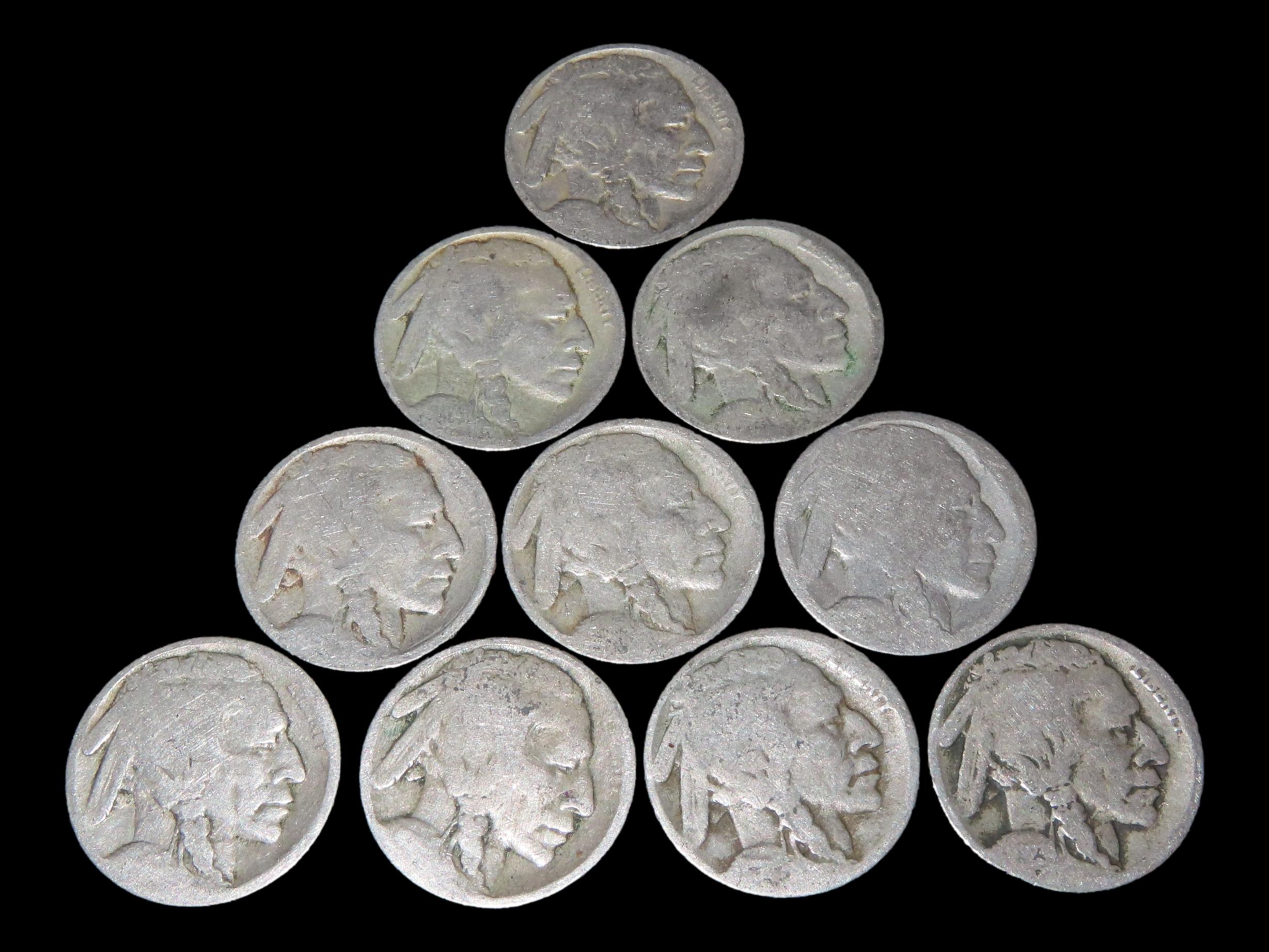 Lot of 10 Buffalo Nickels from 1913-1938, Please View Pictures for Condition