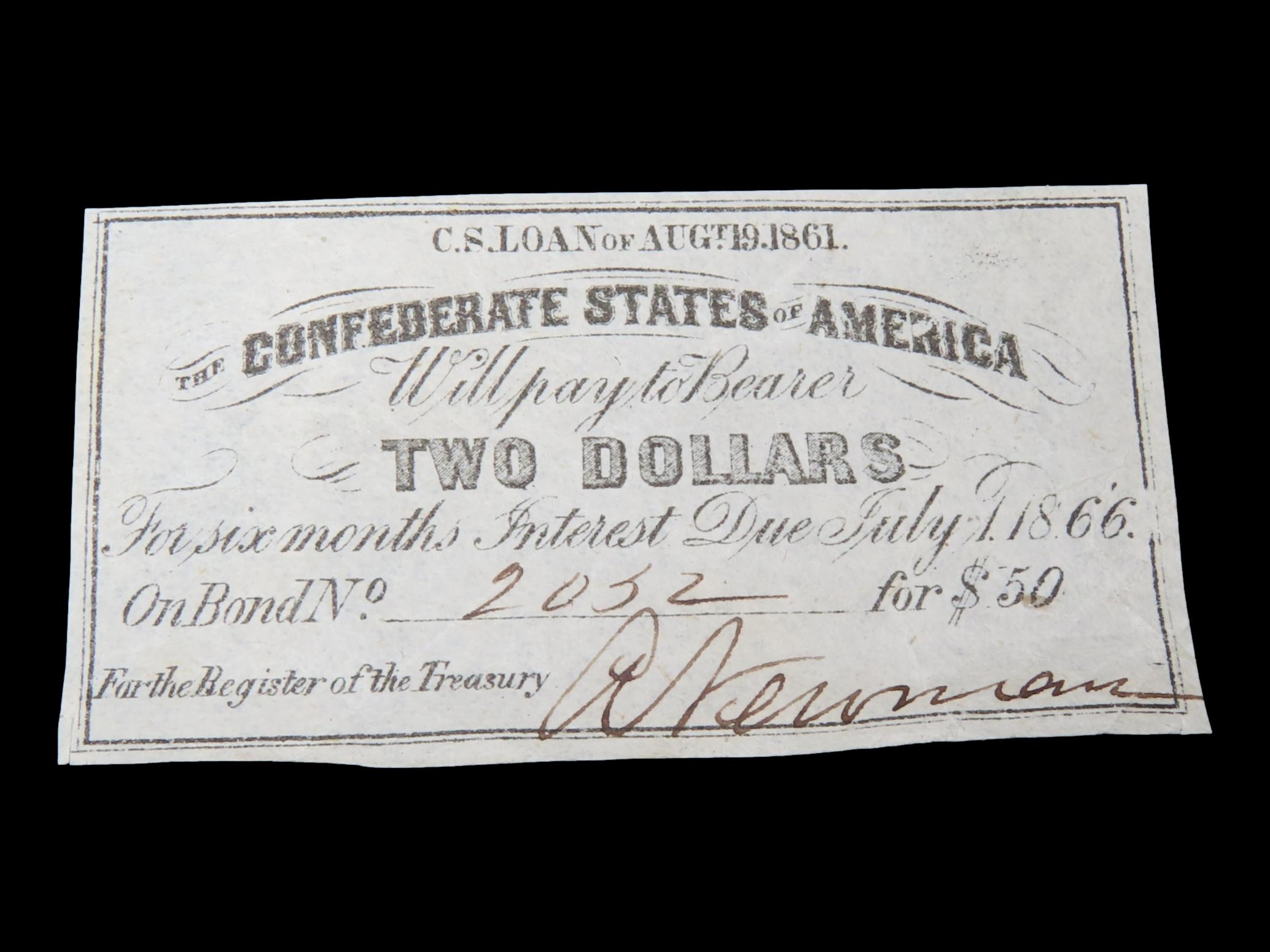 Civil War Confederate States $2 Bond Note, Dated August 19th, 1861. Original Hand Signed Document from the Time Period. Great Piece of Ameri