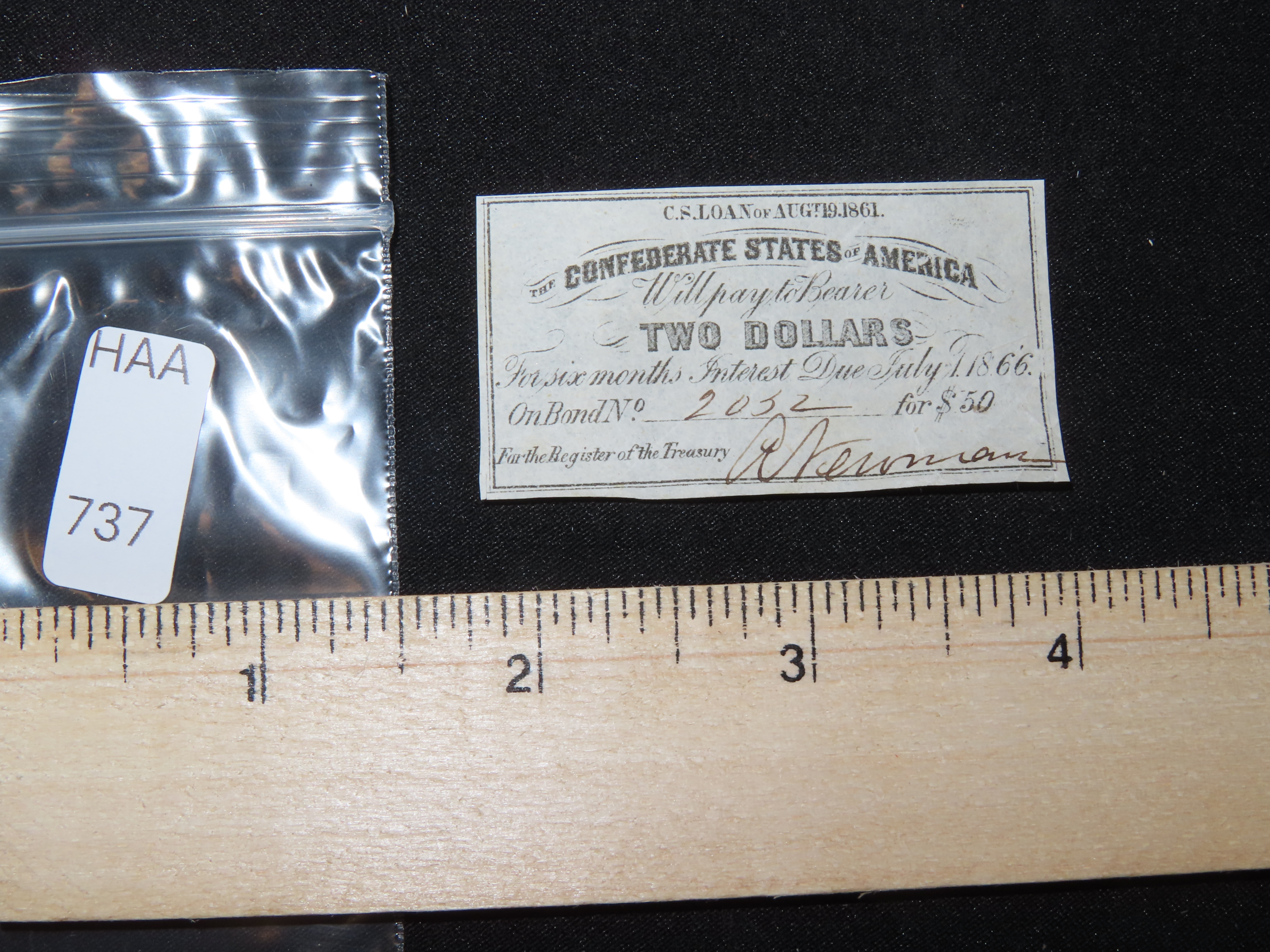 Civil War Confederate States $2 Bond Note, Dated August 19th, 1861. Original Hand Signed Document from the Time Period. Great Piece of Ameri