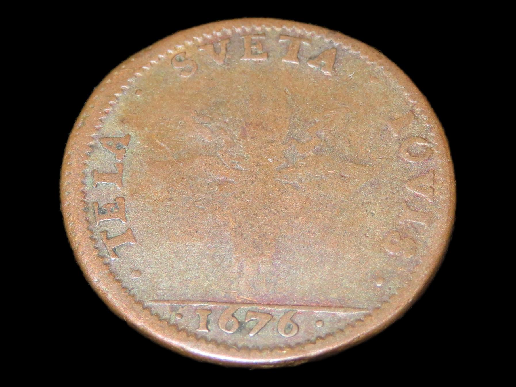 1676 Dated Colonial Era Coin, About the size of a Quarter, Great Early Over 300 Year Old Coin!