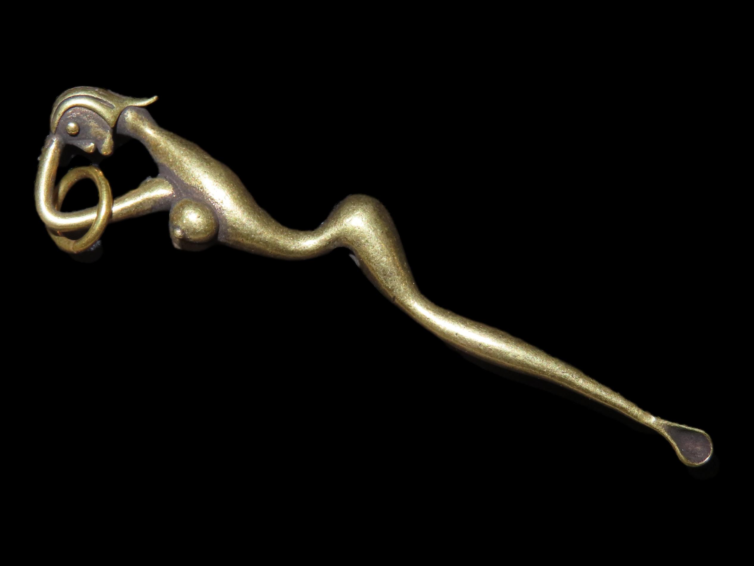 Vintage Brass Snuff Spoon / Ear Scoop, Nude Female Figure