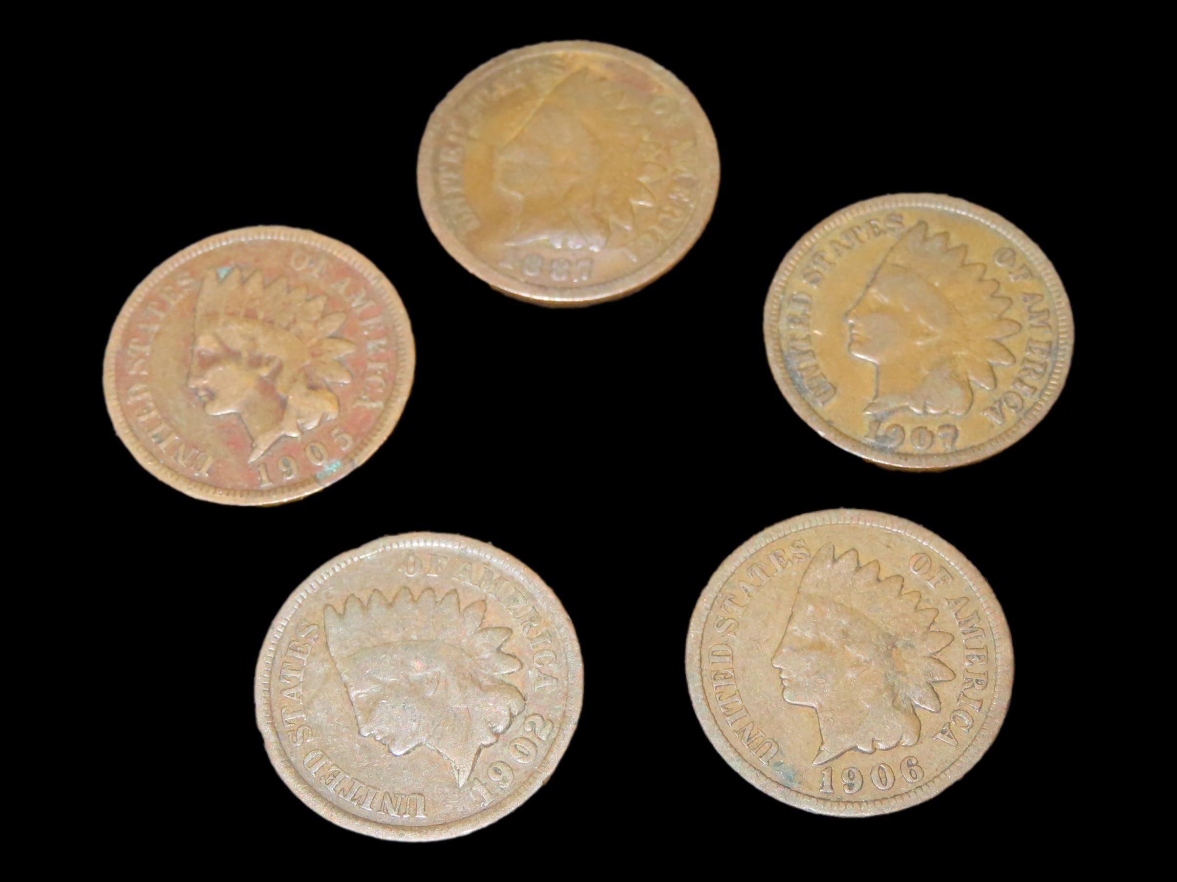 Lot of 5 All Different Date Indian Head Cents from 1800's & 1900's, Nice Original Condition United States Coins, U.S.> Currency