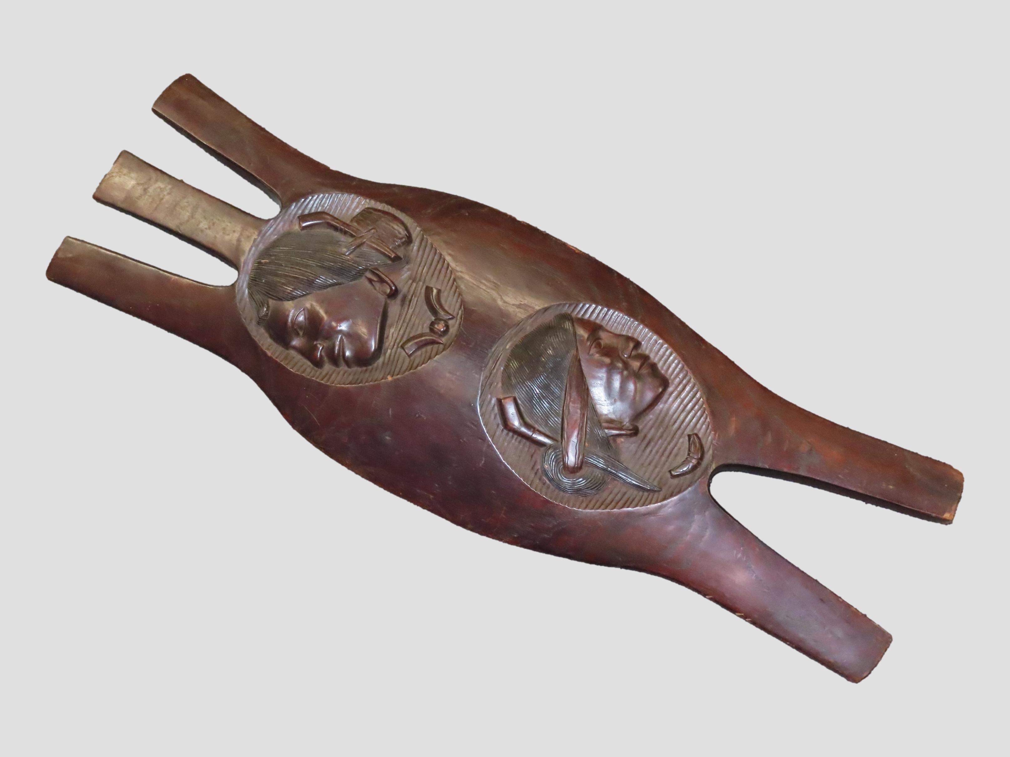 Large 38" Iroquois Style Hand Carved Wooden Shield with Indian Chief Busts, very detailed design, handle intagrated into the back side. Each