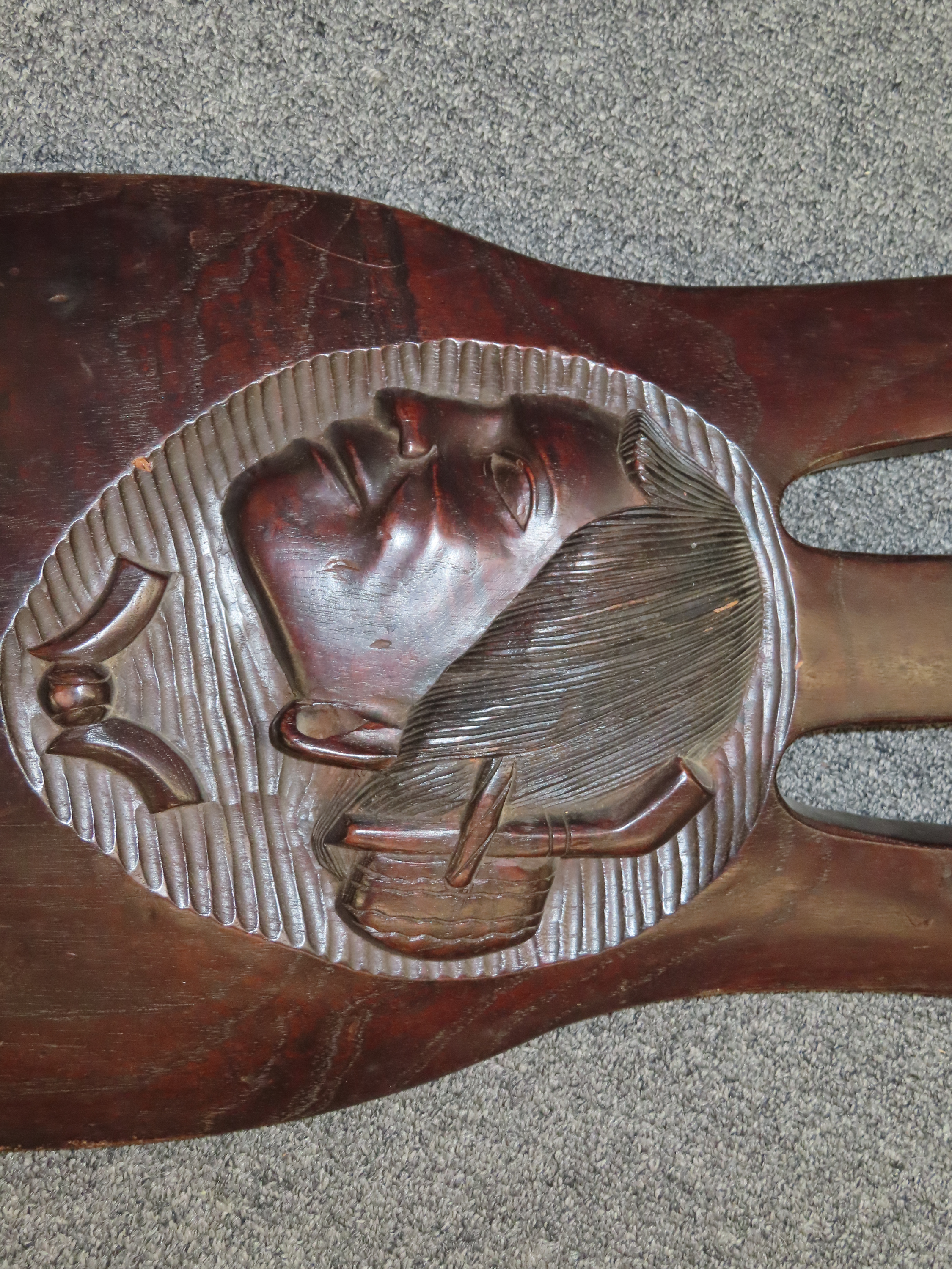 Large 38" Iroquois Style Hand Carved Wooden Shield with Indian Chief Busts, very detailed design, handle intagrated into the back side. Each