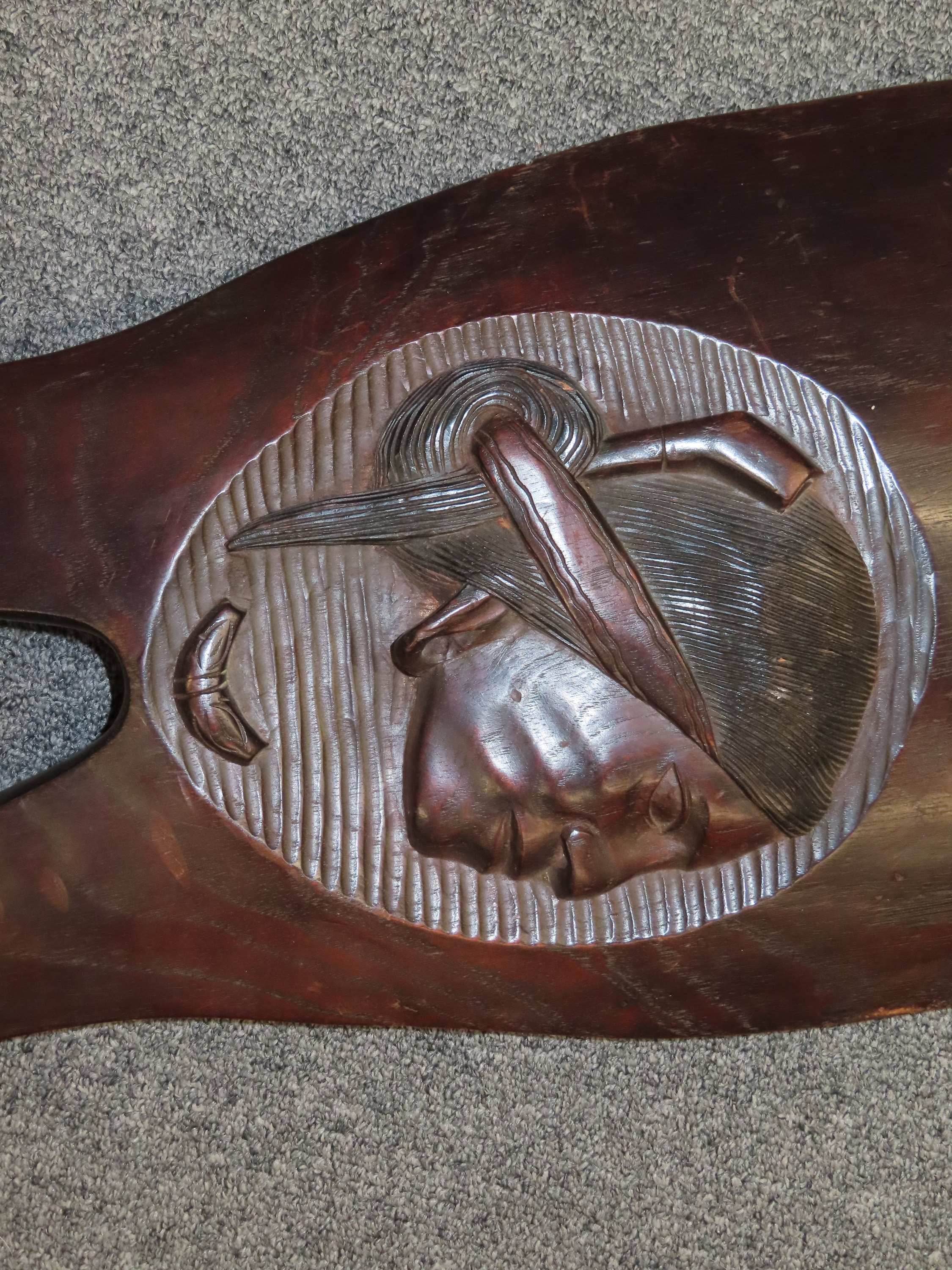 Large 38" Iroquois Style Hand Carved Wooden Shield with Indian Chief Busts, very detailed design, handle intagrated into the back side. Each