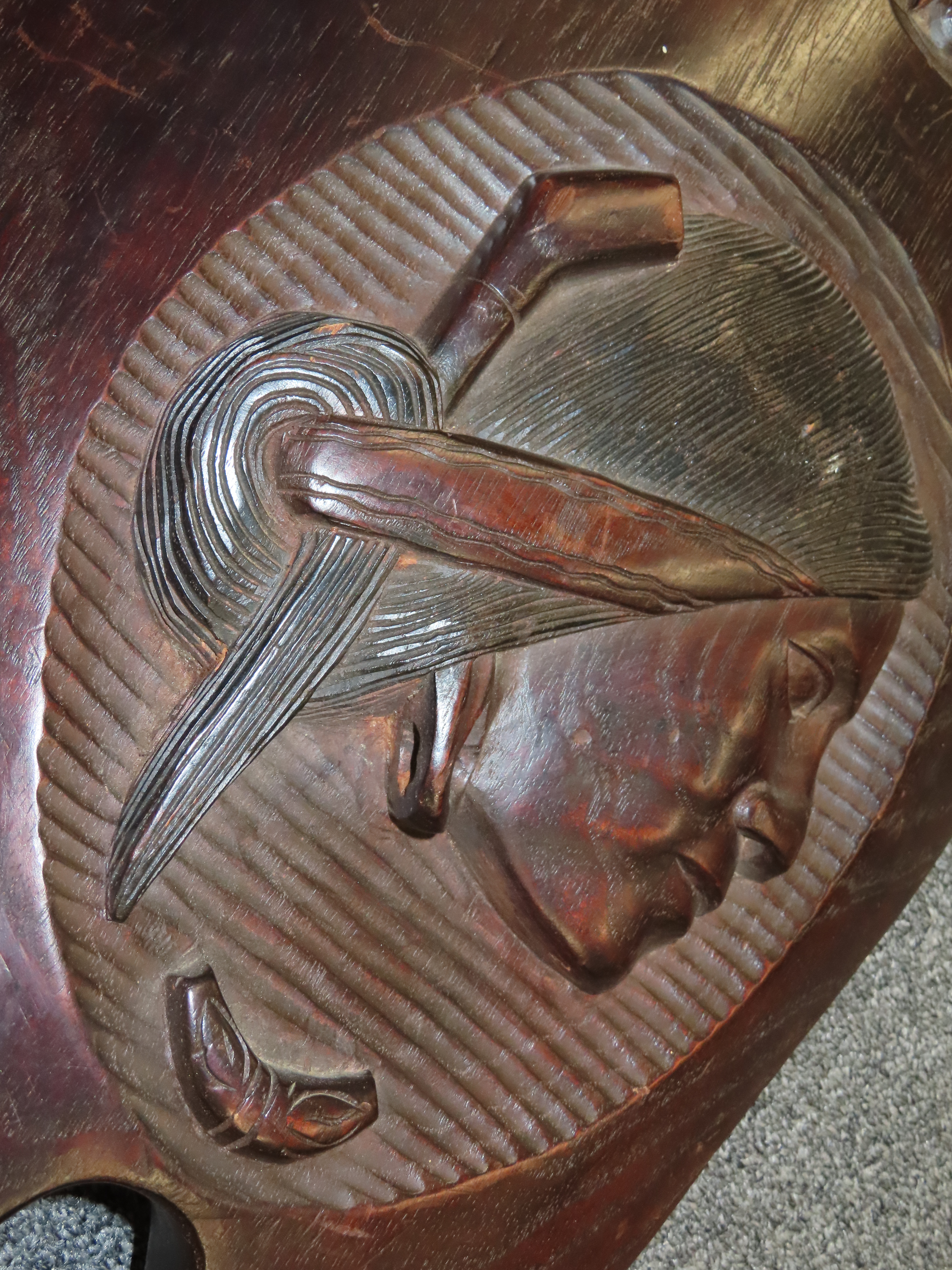 Large 38" Iroquois Style Hand Carved Wooden Shield with Indian Chief Busts, very detailed design, handle intagrated into the back side. Each