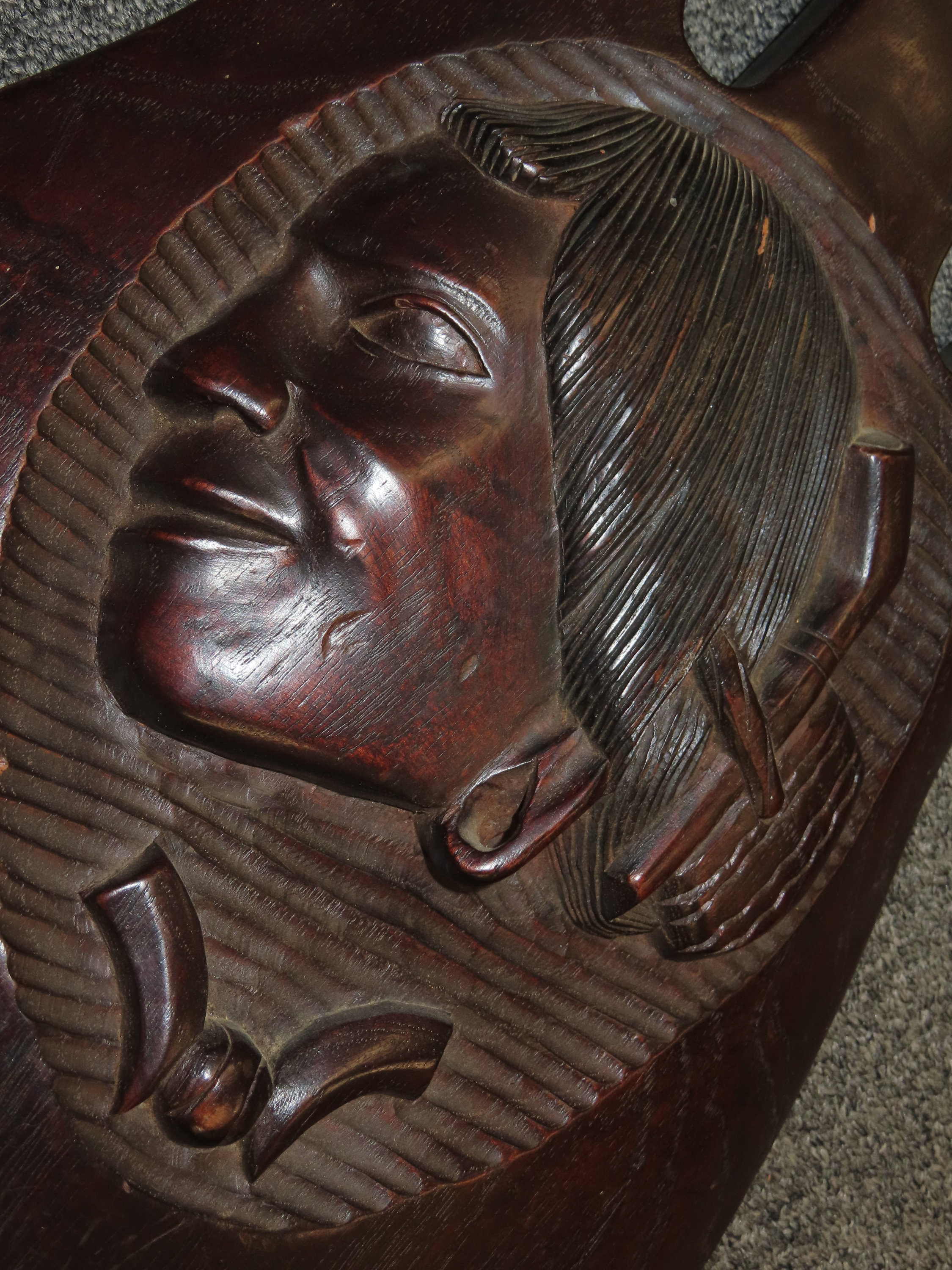 Large 38" Iroquois Style Hand Carved Wooden Shield with Indian Chief Busts, very detailed design, handle intagrated into the back side. Each