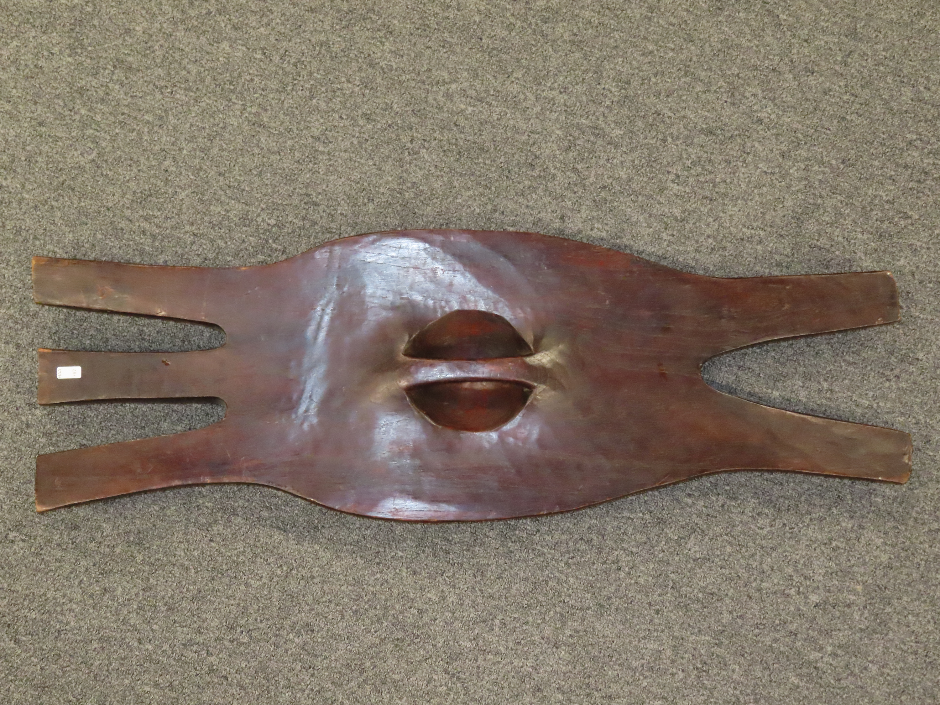 Large 38" Iroquois Style Hand Carved Wooden Shield with Indian Chief Busts, very detailed design, handle intagrated into the back side. Each