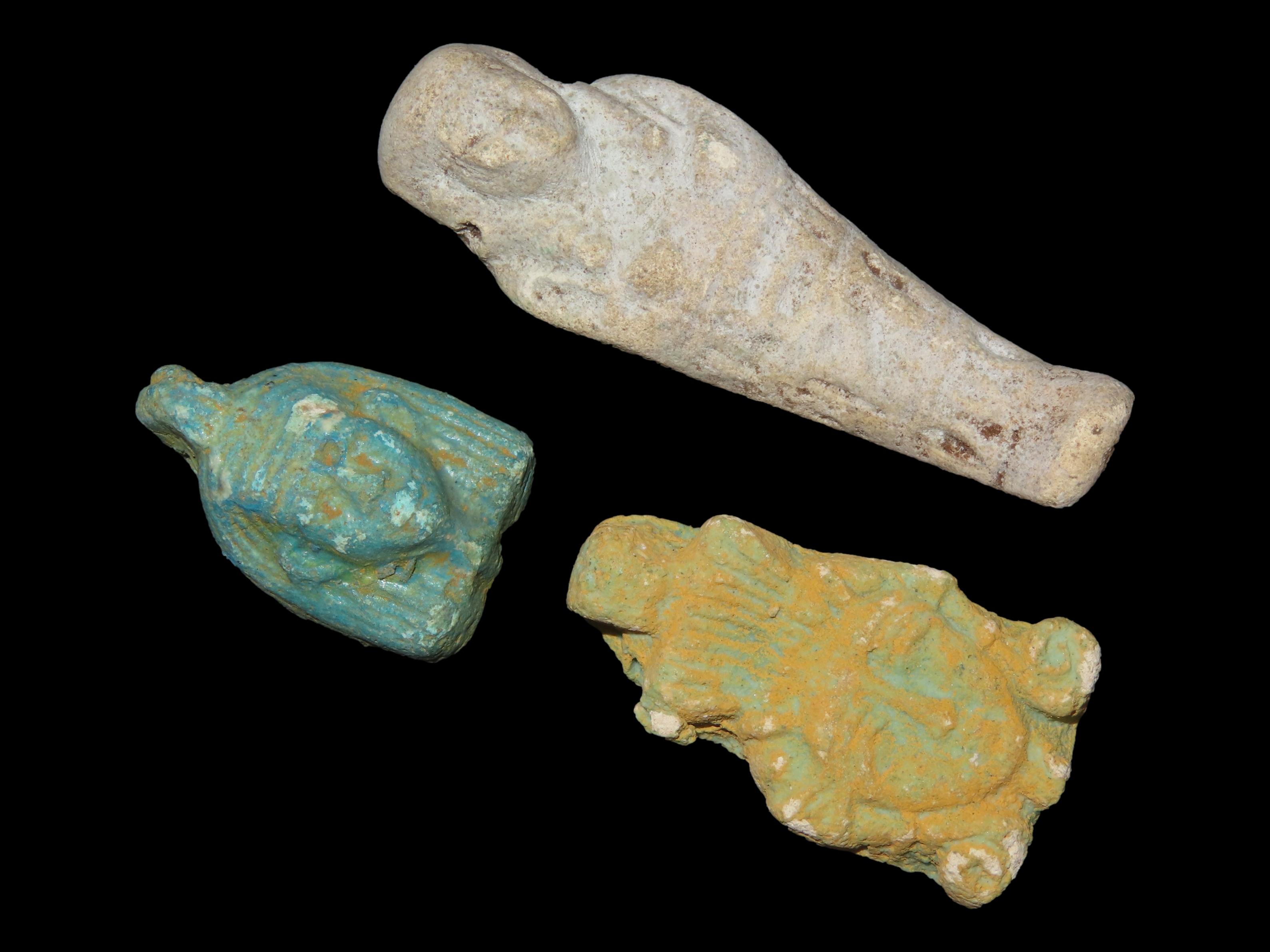 Lot of 3 Egyptian Pharoh Effigy Pendants, Ushtabi / Shabti 1085-730 BC, Faience, Nice Examples with nice Original Paint & Great Patina