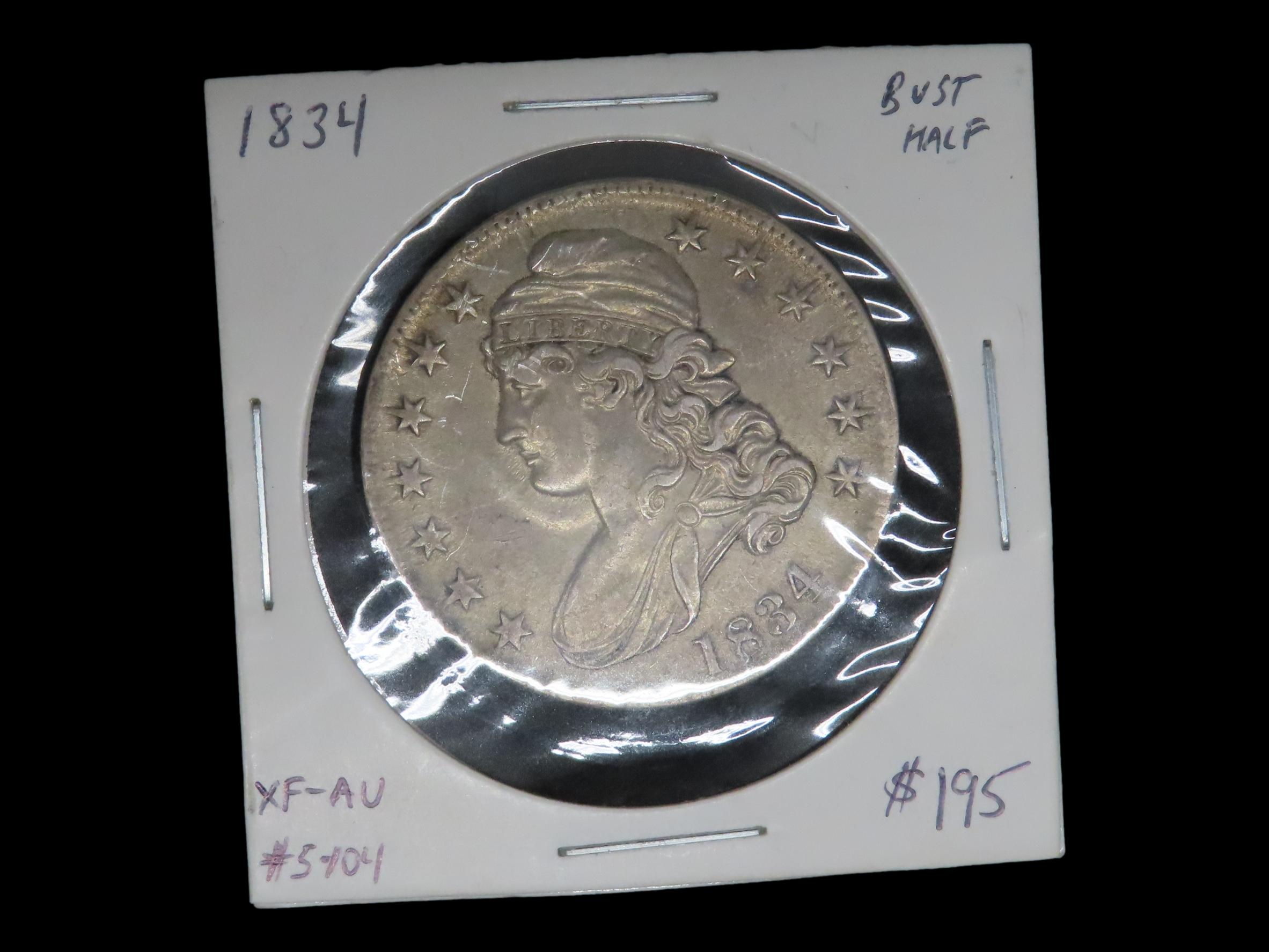 1834 Silver Bust Half Dollar, Lettered Edge, Nice Higher Grade Example XF-AU, Amazing Original Details & Nice Patina. Early U.S. Coin, Lady