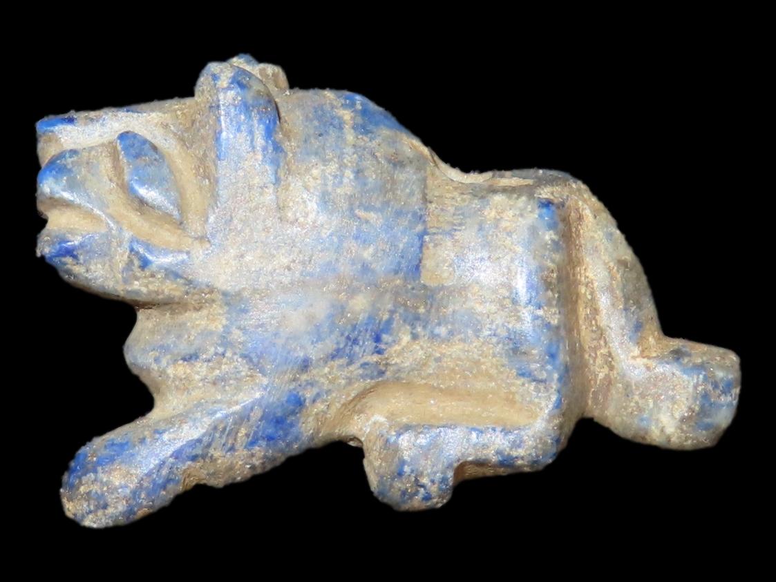 Nice Egyptian Blue Stone Amulet, Lion Effigy Pendant, 1550-332BC. Great Example