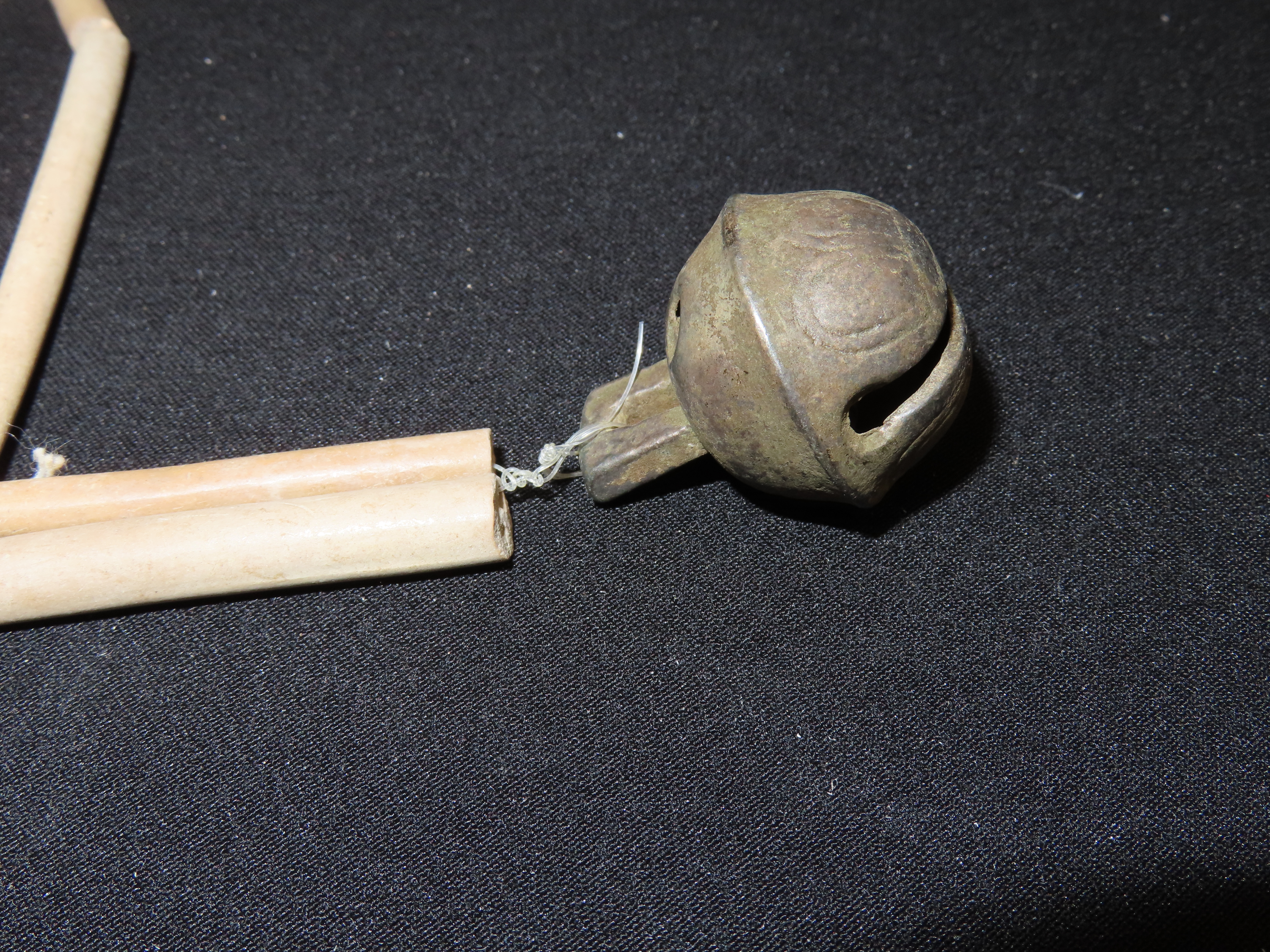 Old Trade Pipe Stem Bead Necklace with Historic Brass Bell Pendant, found in Tennessee. Great Example with Nice Patina