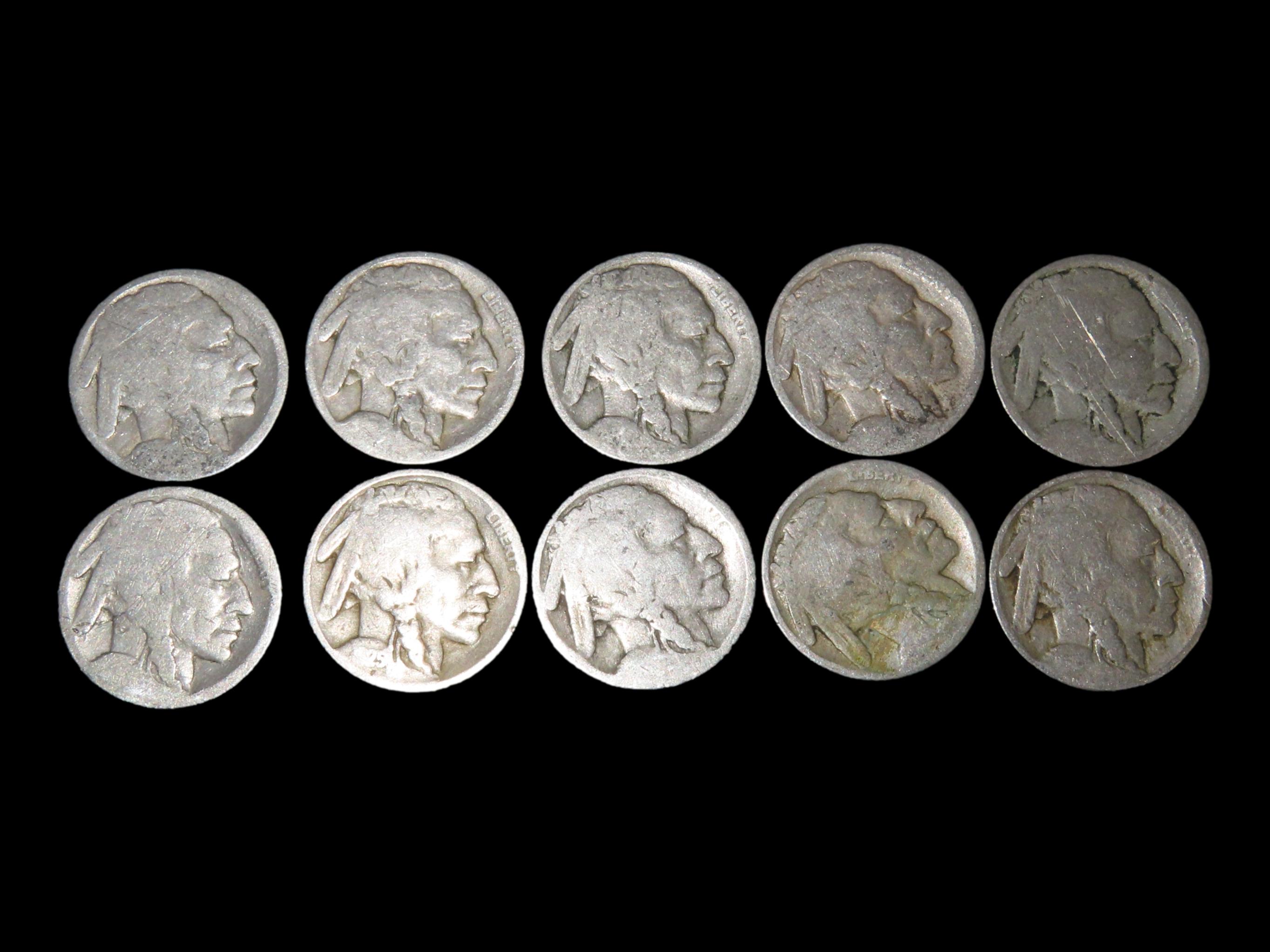 Lot of 10 Buffalo Nickels from 1913-1938, Please View Pictures for Condition