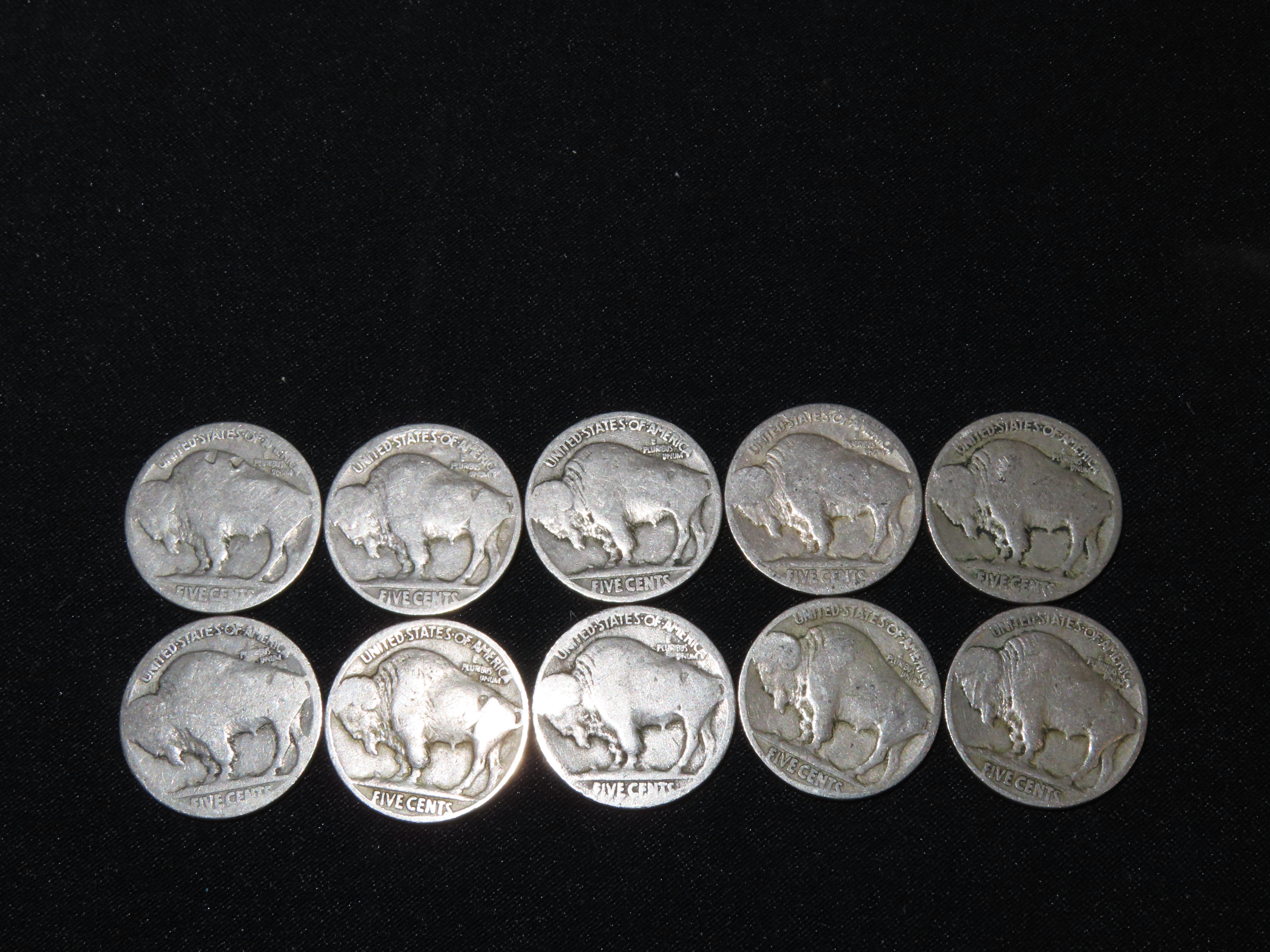 Lot of 10 Buffalo Nickels from 1913-1938, Please View Pictures for Condition