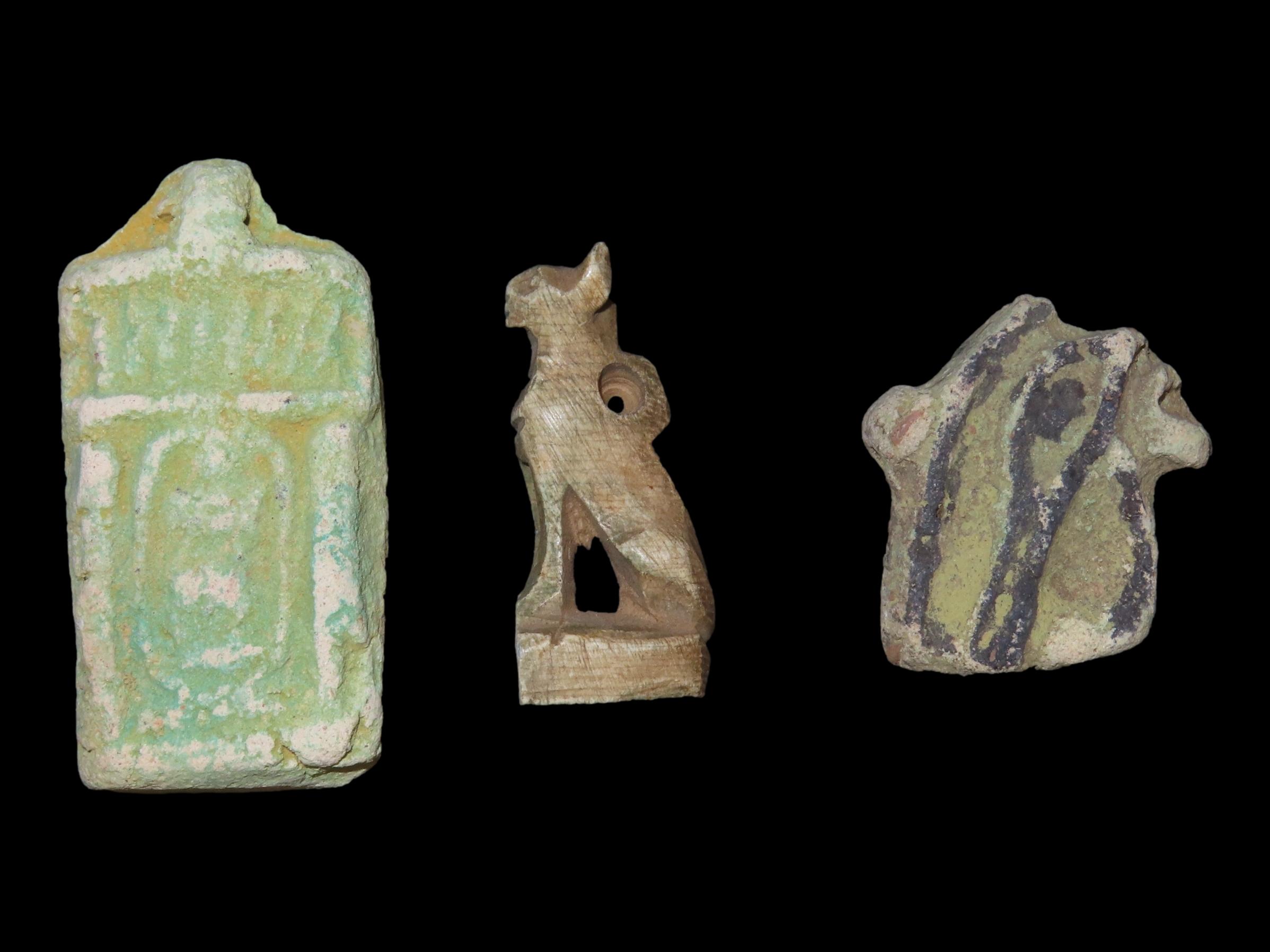 Lot of 3 Egyptian Effigy Pendants / Amulets, Faience, Nice Examples with nice Original Paint & Great Patina
