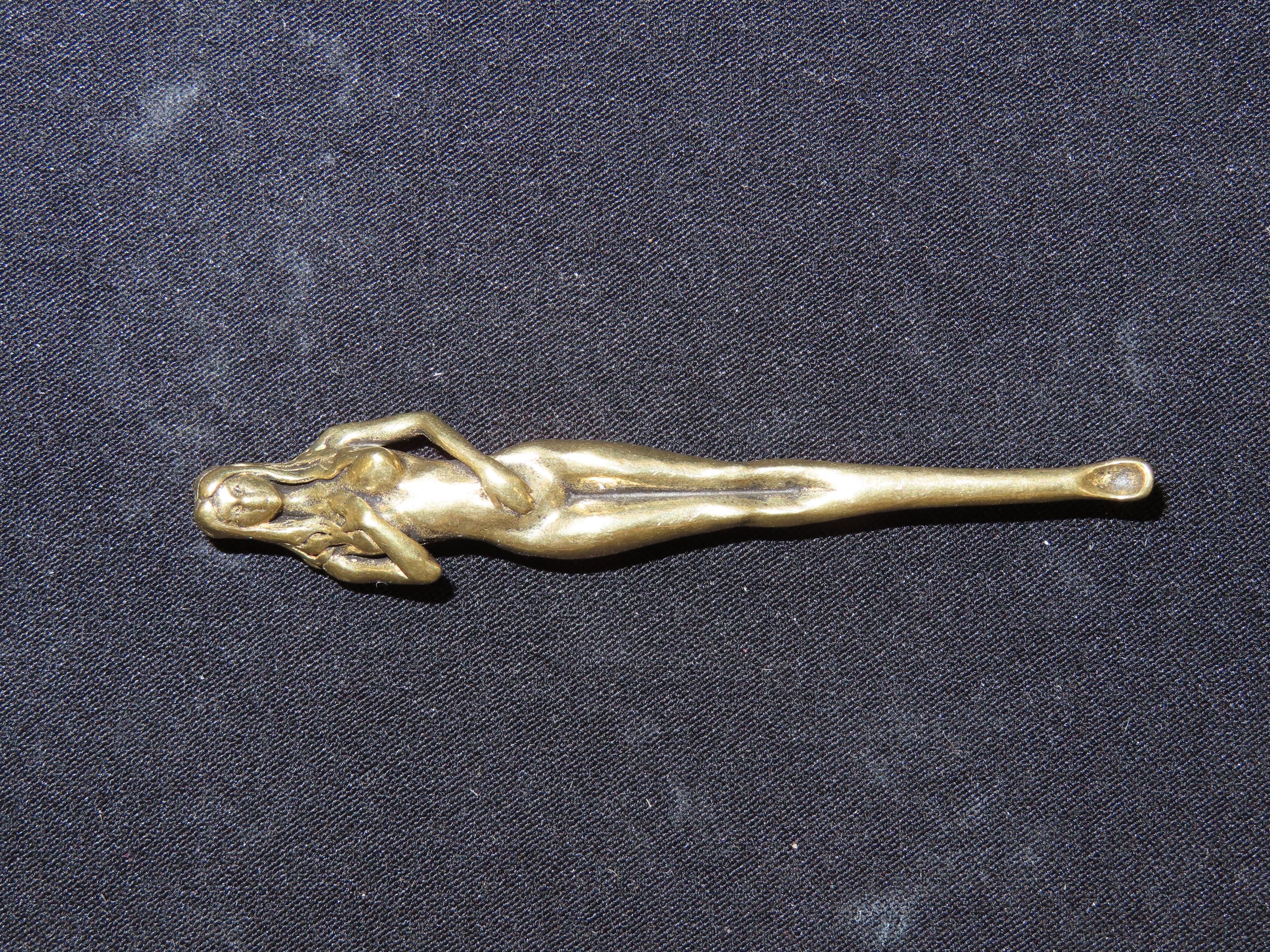 Vintage Brass Snuff Spoon / Ear Scoop, Nude Female Figure