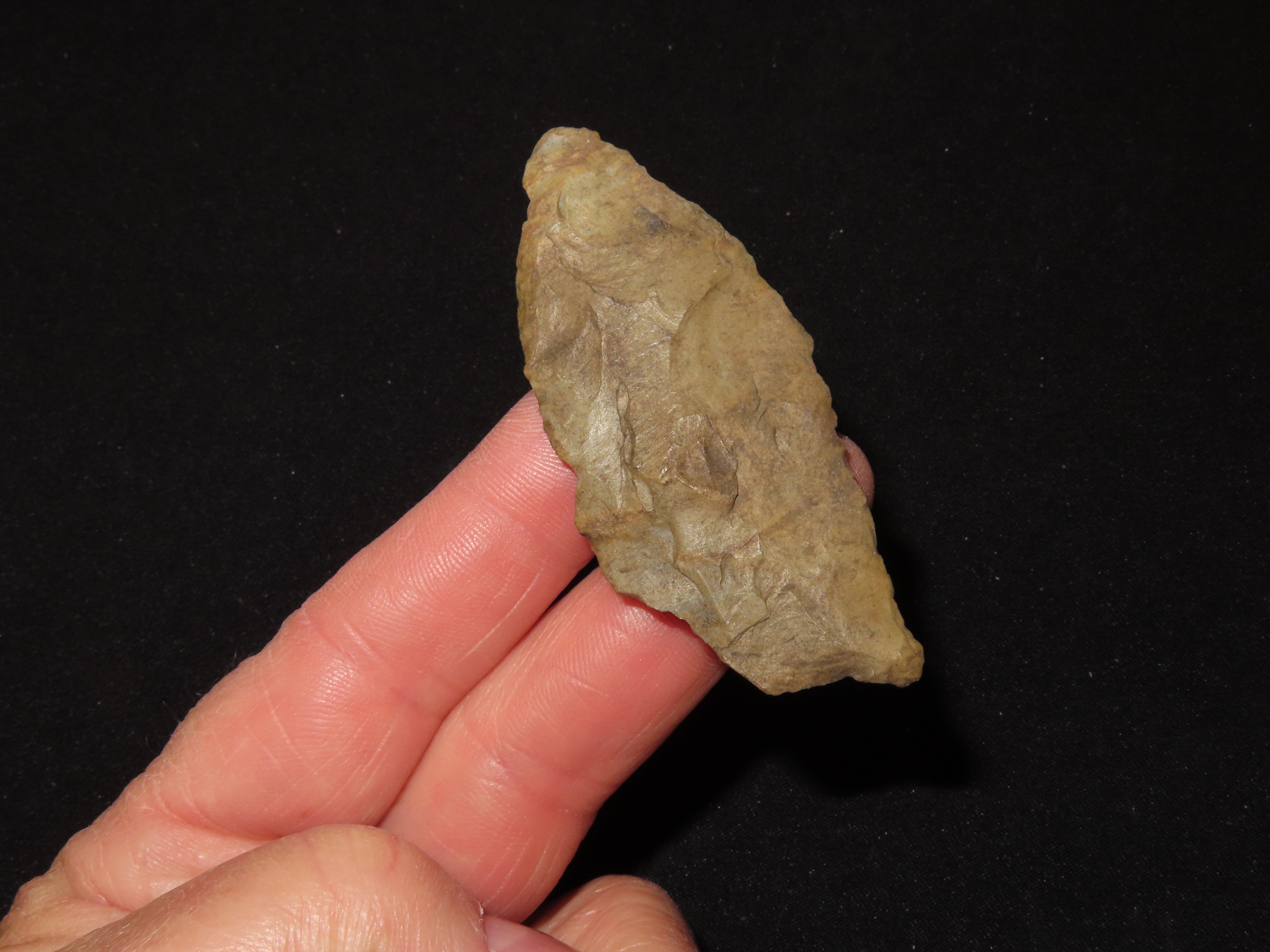 2 5/8" Paleo Suwanee found in Soutehrn Georgia. Heavily patinated old Indian Arrowhead.