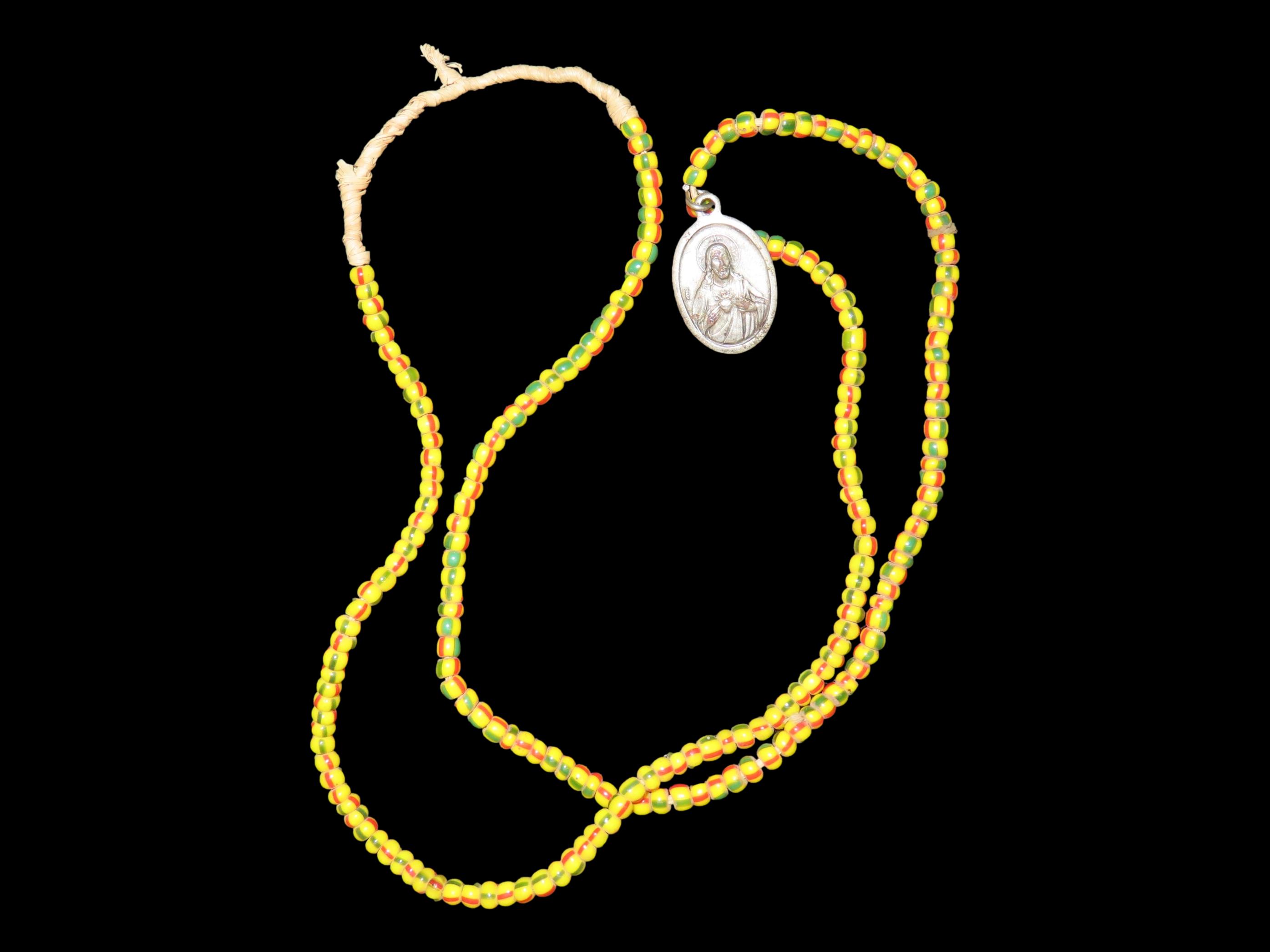 Old Glass Trade Bead Necklace with Religeous Medal Pendant, Great Example with Nice Patina