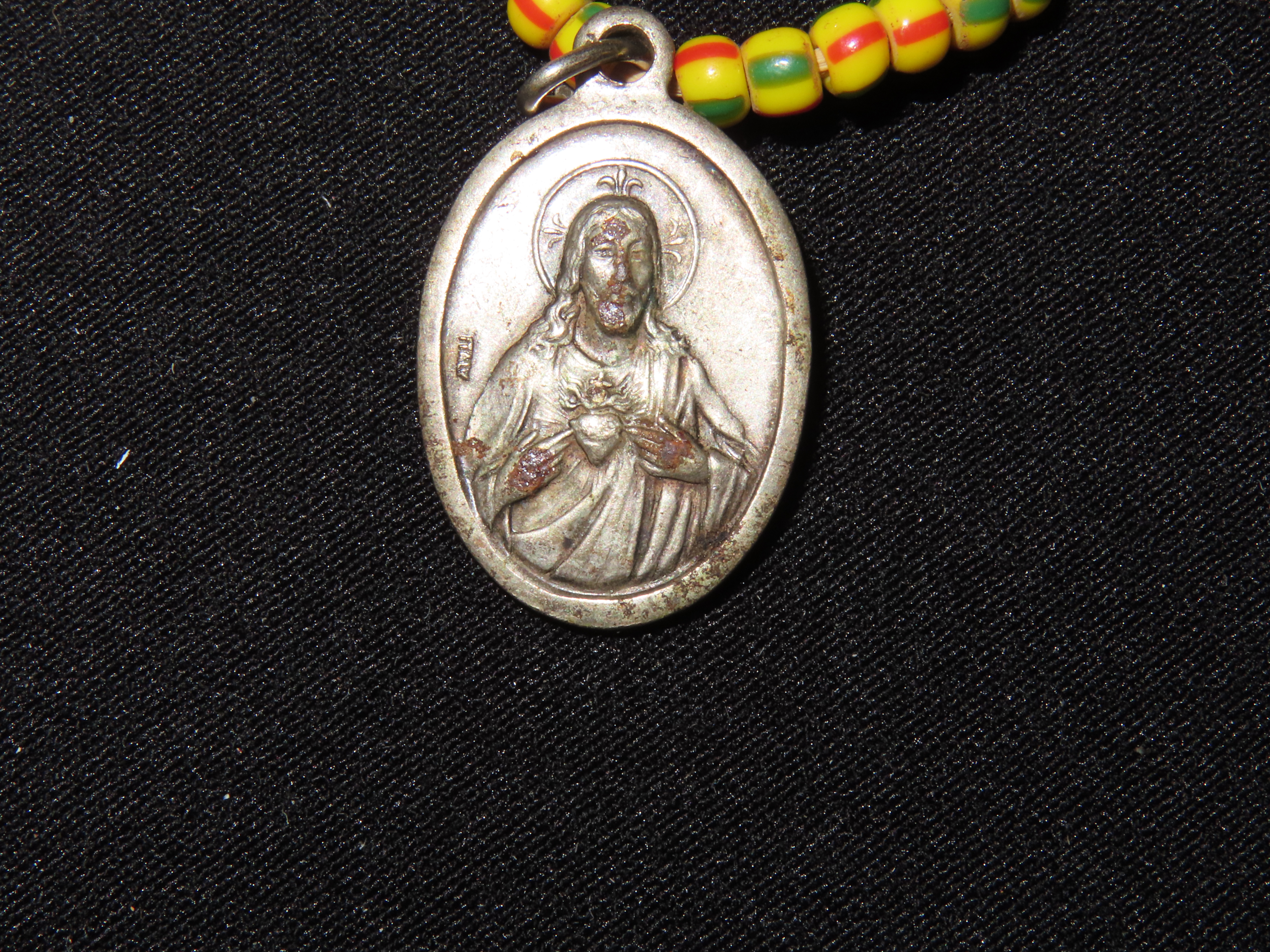 Old Glass Trade Bead Necklace with Religeous Medal Pendant, Great Example with Nice Patina