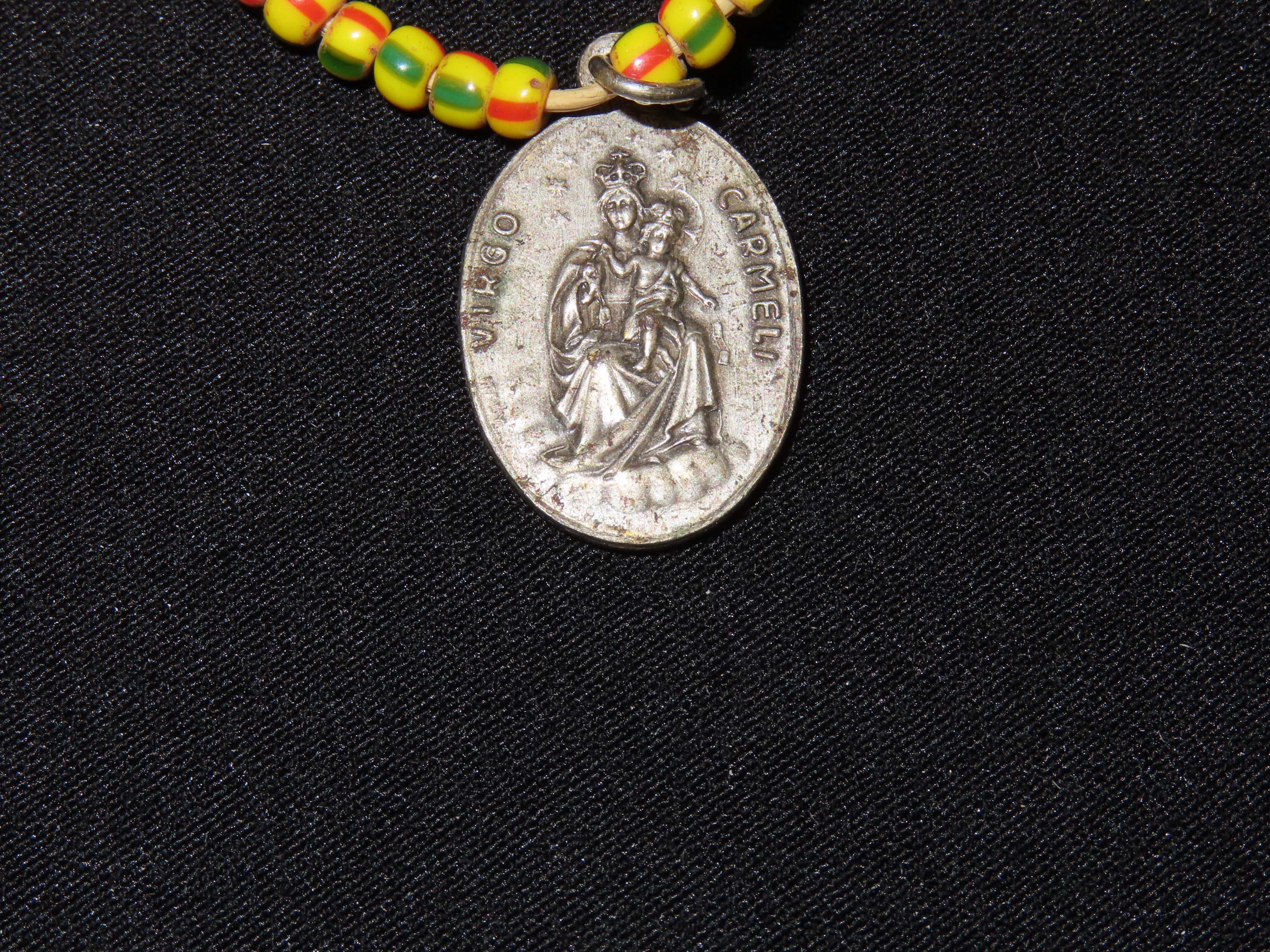 Old Glass Trade Bead Necklace with Religeous Medal Pendant, Great Example with Nice Patina