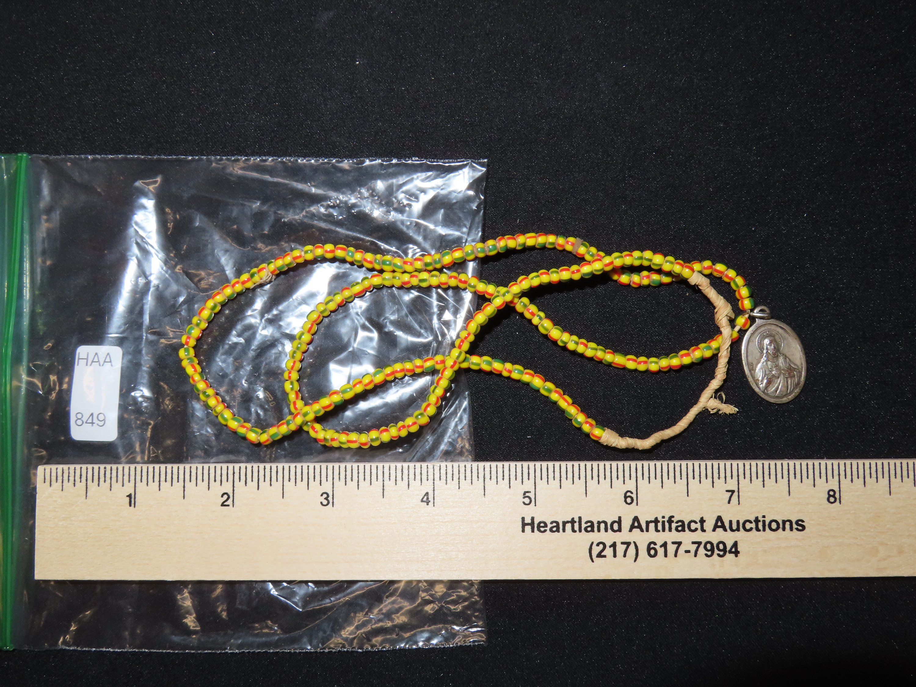 Old Glass Trade Bead Necklace with Religeous Medal Pendant, Great Example with Nice Patina