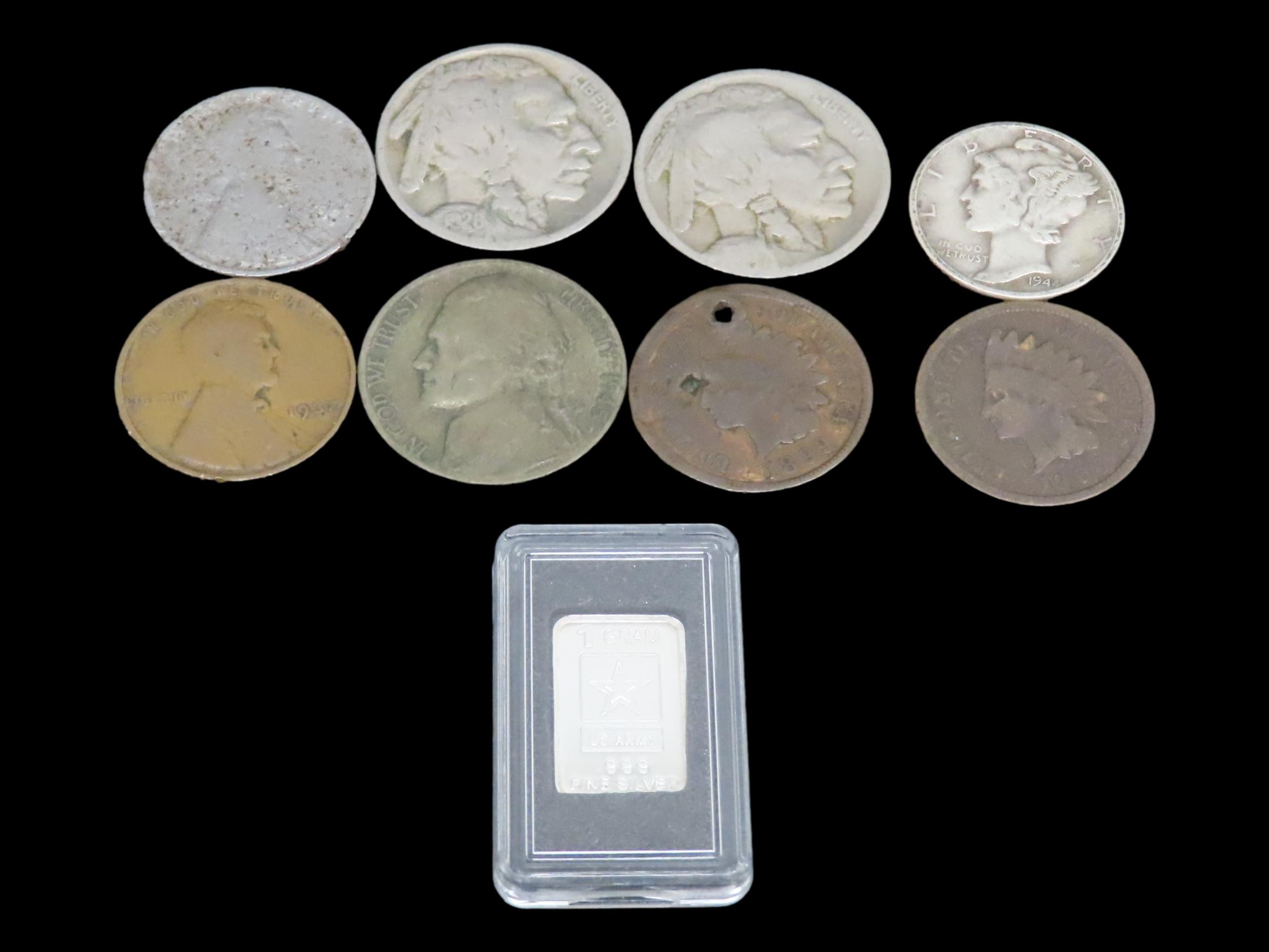 U.S. Coin Lot, Indian Head Pennies, Mercury Dime, Buffalo Nickels, Silver Wartime Nickel, Steel Wheat Cent, 1 Gram Silver Bar. Nice group of