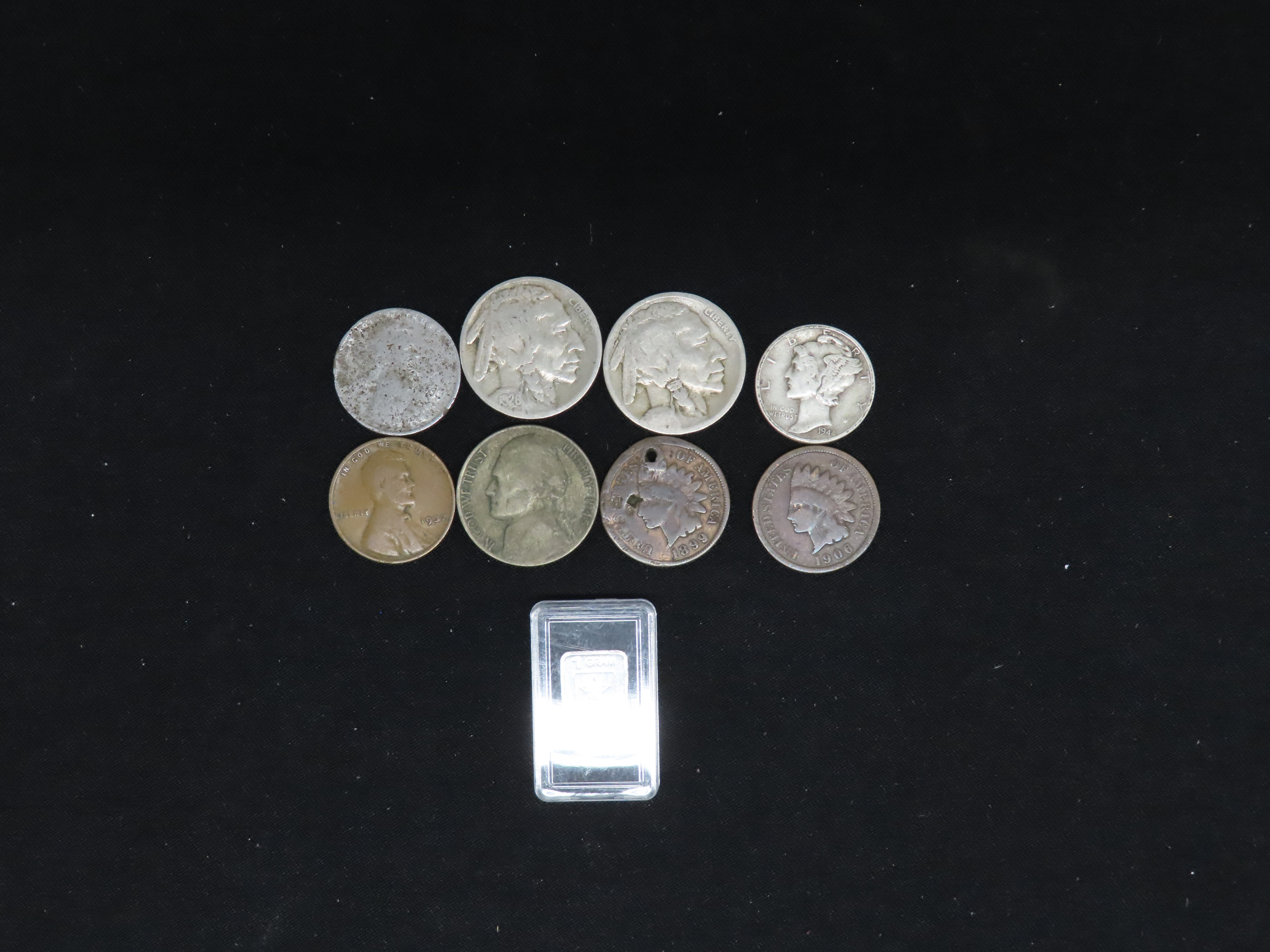 U.S. Coin Lot, Indian Head Pennies, Mercury Dime, Buffalo Nickels, Silver Wartime Nickel, Steel Wheat Cent, 1 Gram Silver Bar. Nice group of