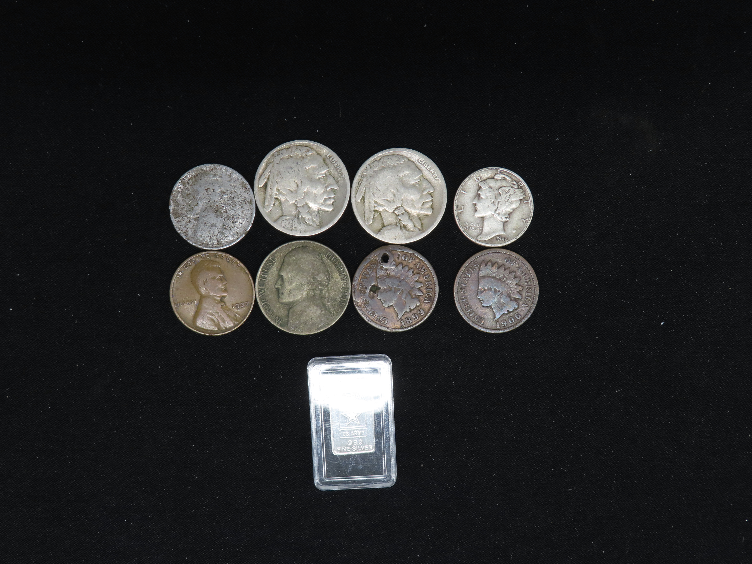 U.S. Coin Lot, Indian Head Pennies, Mercury Dime, Buffalo Nickels, Silver Wartime Nickel, Steel Wheat Cent, 1 Gram Silver Bar. Nice group of