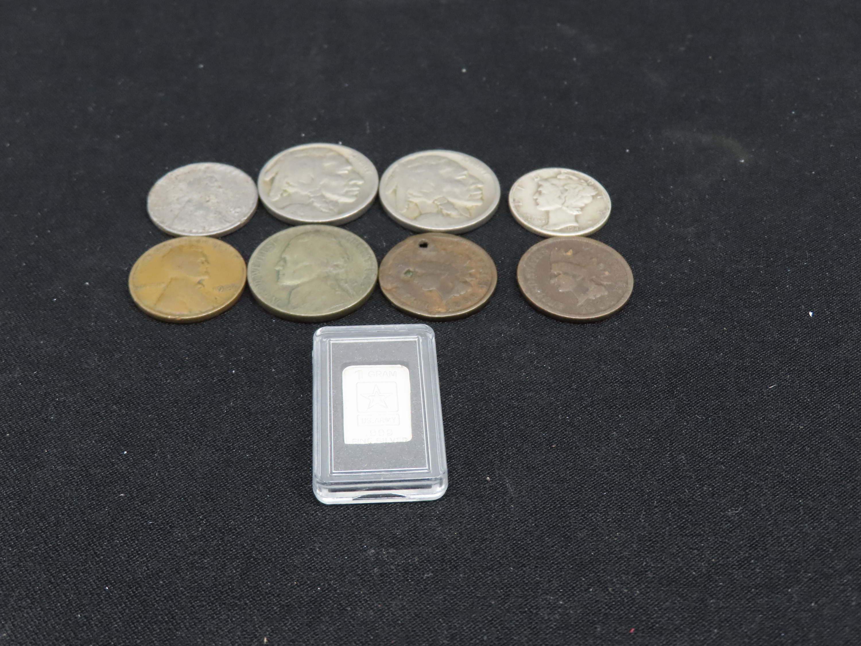 U.S. Coin Lot, Indian Head Pennies, Mercury Dime, Buffalo Nickels, Silver Wartime Nickel, Steel Wheat Cent, 1 Gram Silver Bar. Nice group of