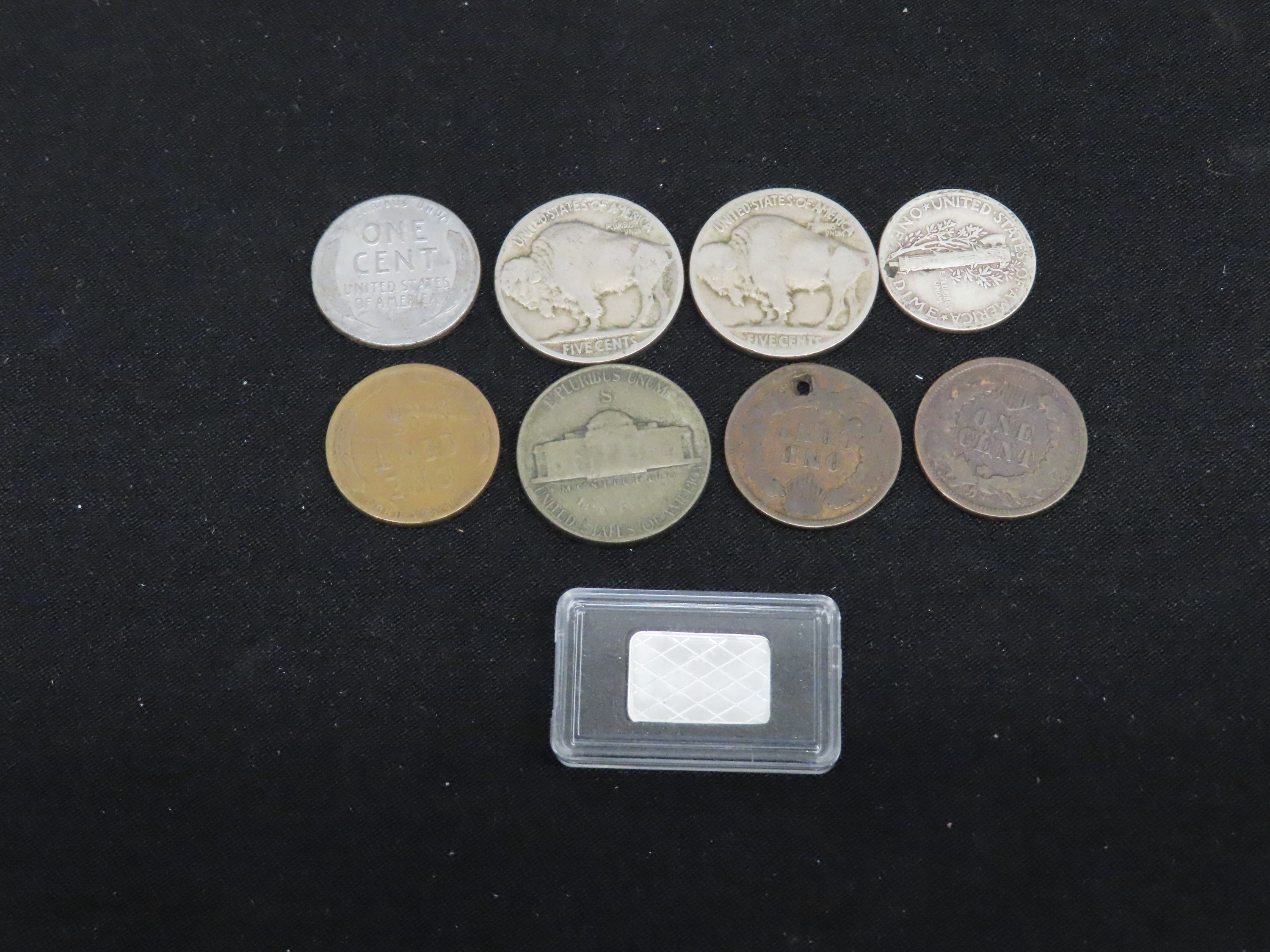 U.S. Coin Lot, Indian Head Pennies, Mercury Dime, Buffalo Nickels, Silver Wartime Nickel, Steel Wheat Cent, 1 Gram Silver Bar. Nice group of