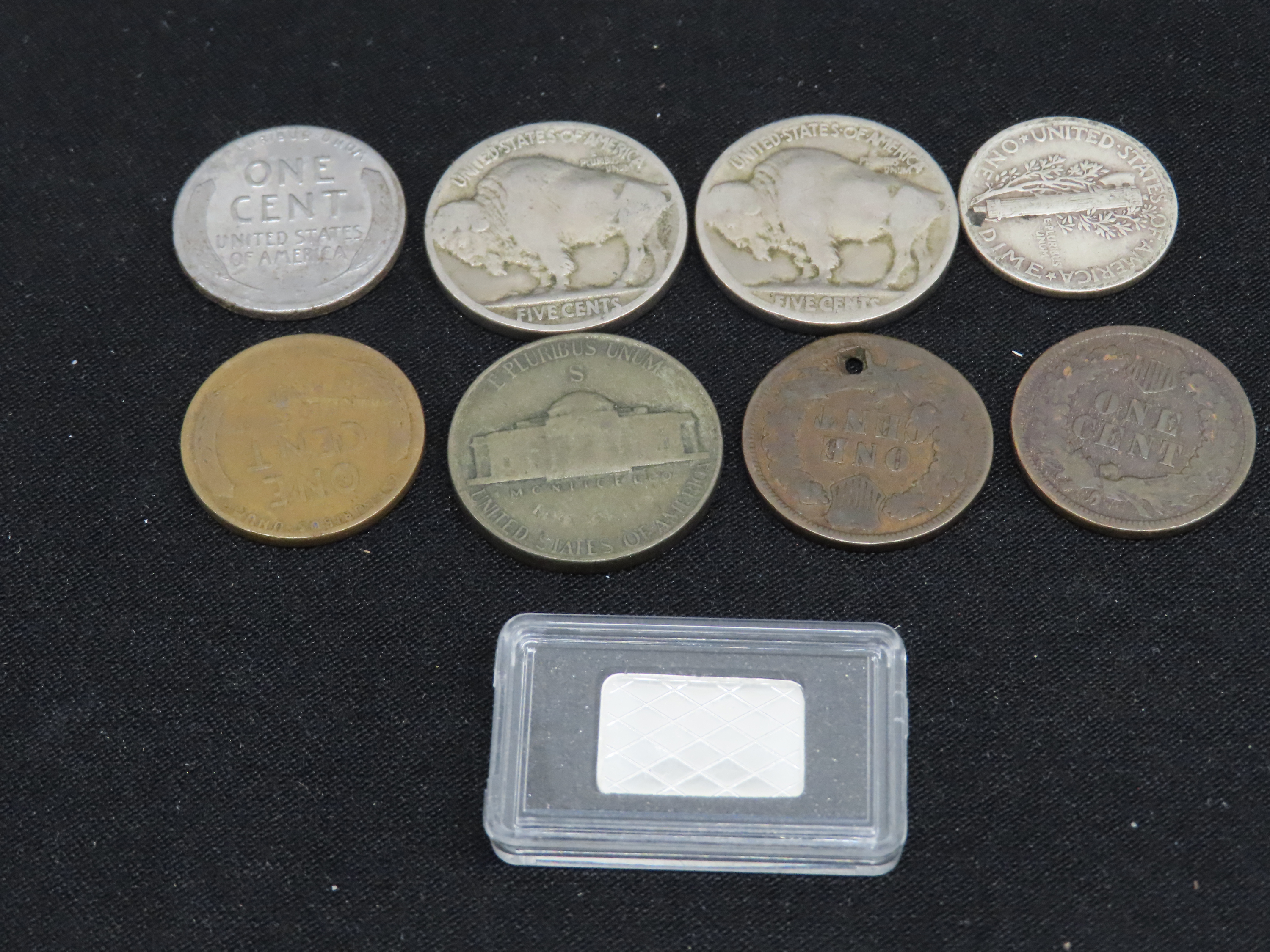 U.S. Coin Lot, Indian Head Pennies, Mercury Dime, Buffalo Nickels, Silver Wartime Nickel, Steel Wheat Cent, 1 Gram Silver Bar. Nice group of