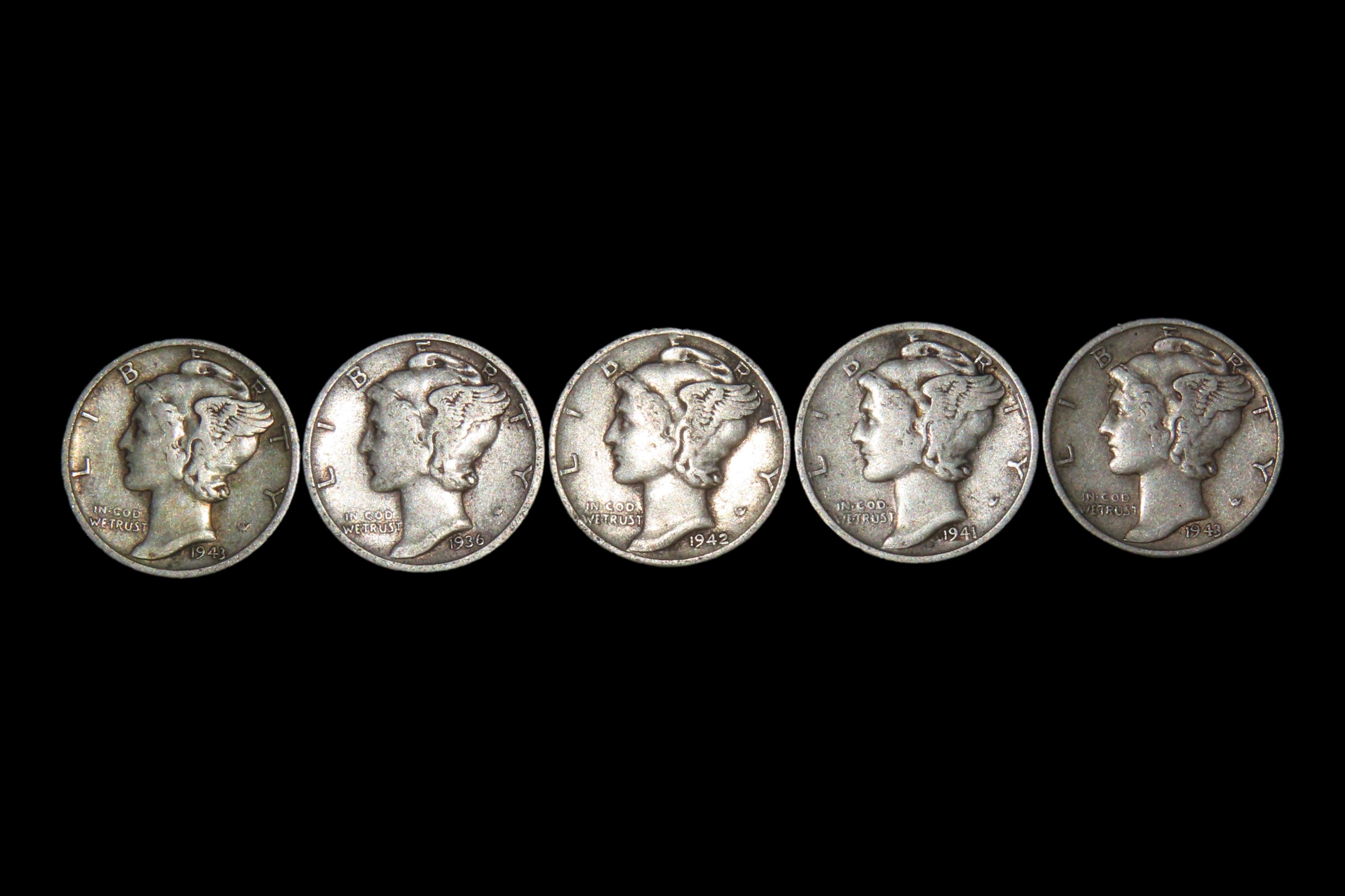 Lot of 5 All Different Date Mercury Silver Dimes from the 30's and 40's. Great Original Condition!