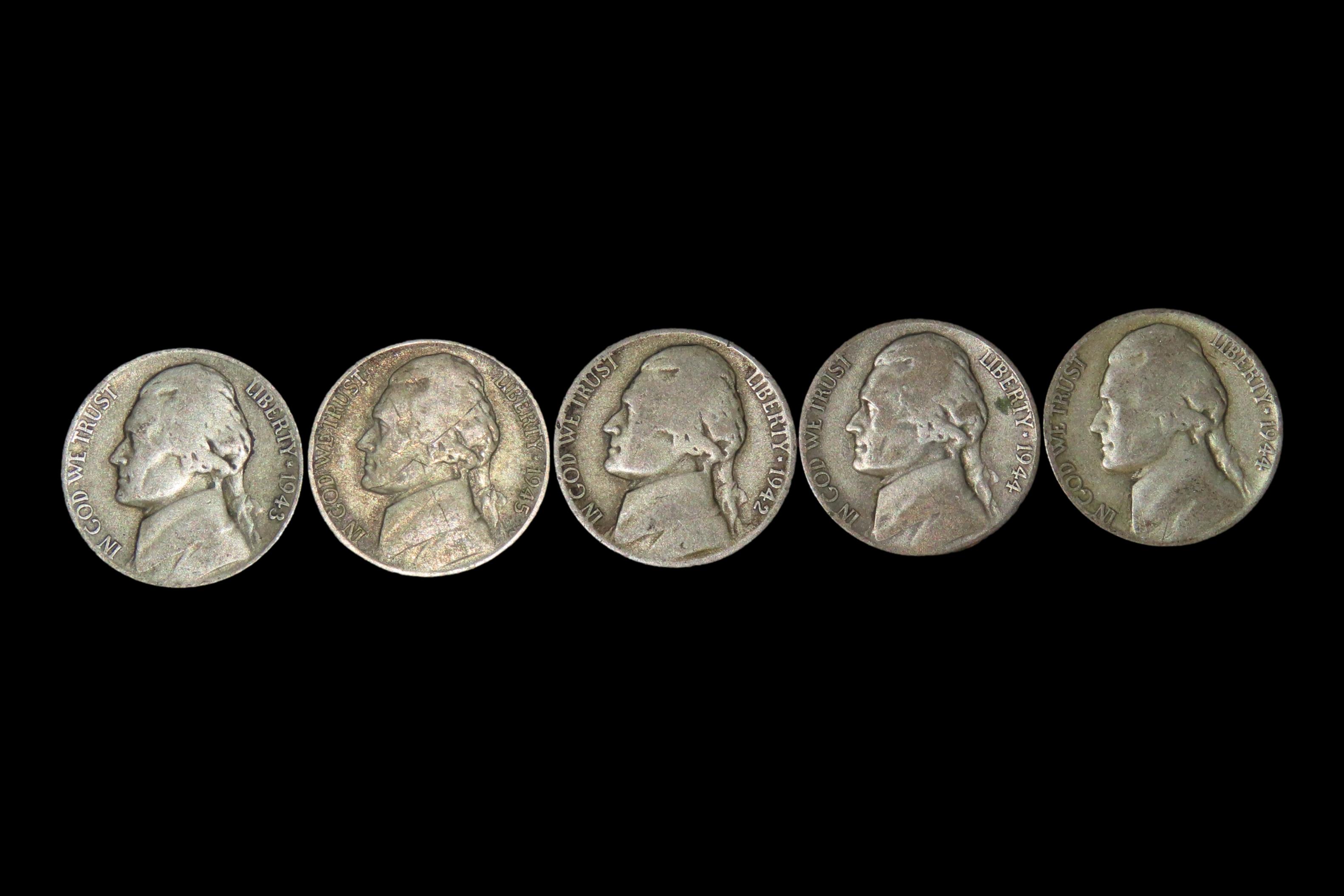 Lot of 5 Silver Wartime Nickels, Made from Silver. Only made from 1942-1945 during World War 2 because Nickel was needed for use in Armor Pl