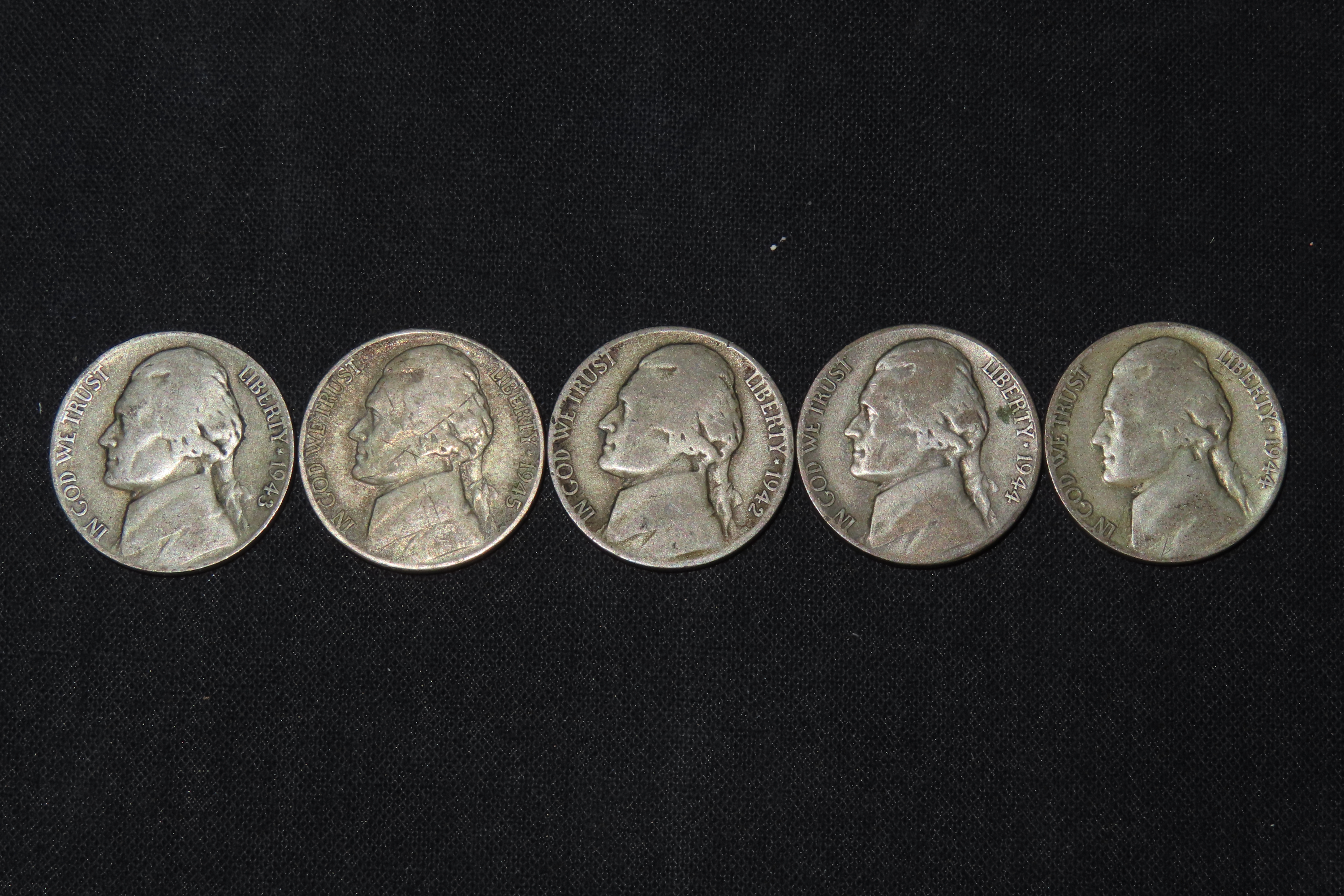 Lot of 5 Silver Wartime Nickels, Made from Silver. Only made from 1942-1945 during World War 2 because Nickel was needed for use in Armor Pl