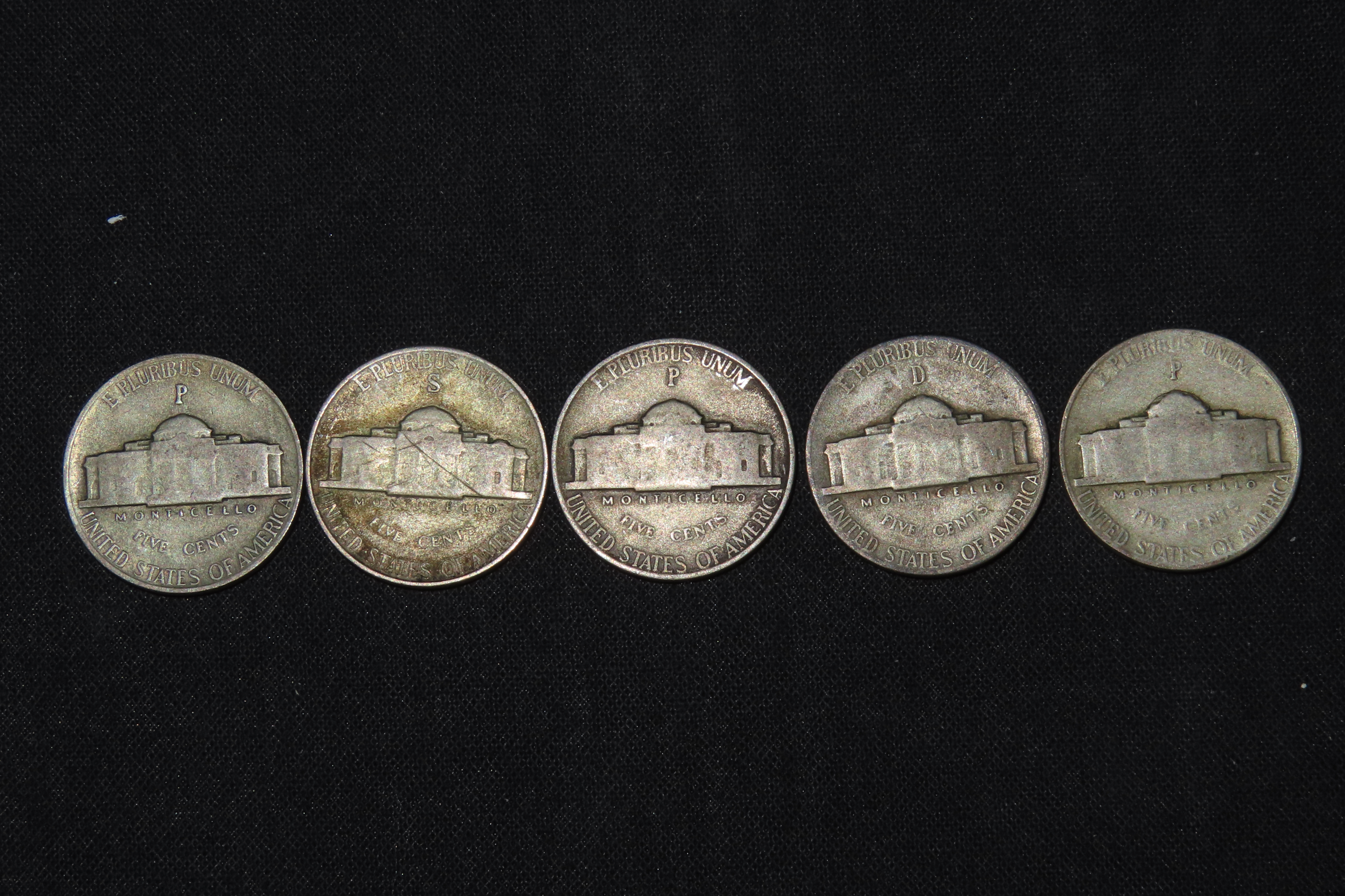 Lot of 5 Silver Wartime Nickels, Made from Silver. Only made from 1942-1945 during World War 2 because Nickel was needed for use in Armor Pl