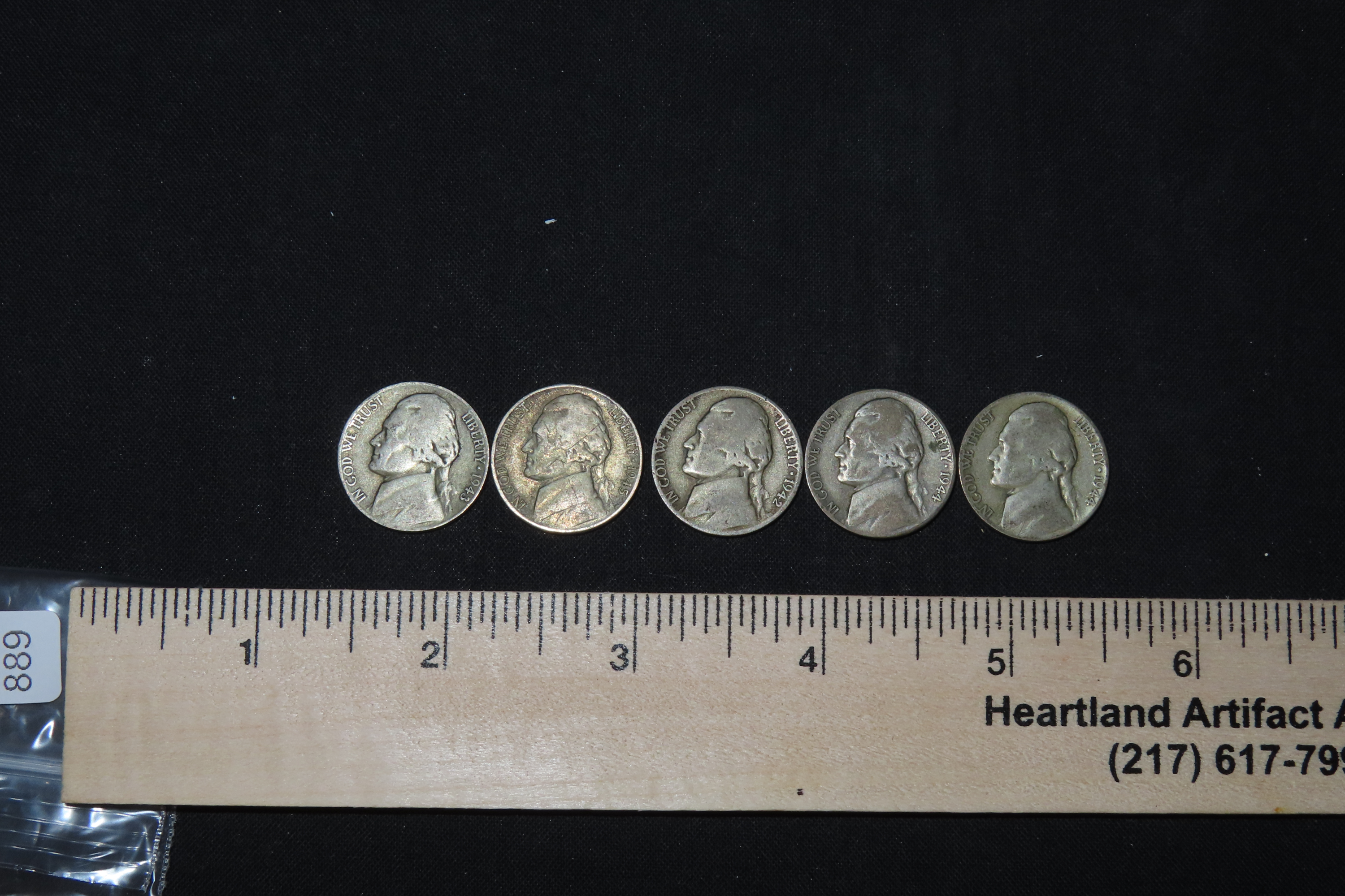 Lot of 5 Silver Wartime Nickels, Made from Silver. Only made from 1942-1945 during World War 2 because Nickel was needed for use in Armor Pl