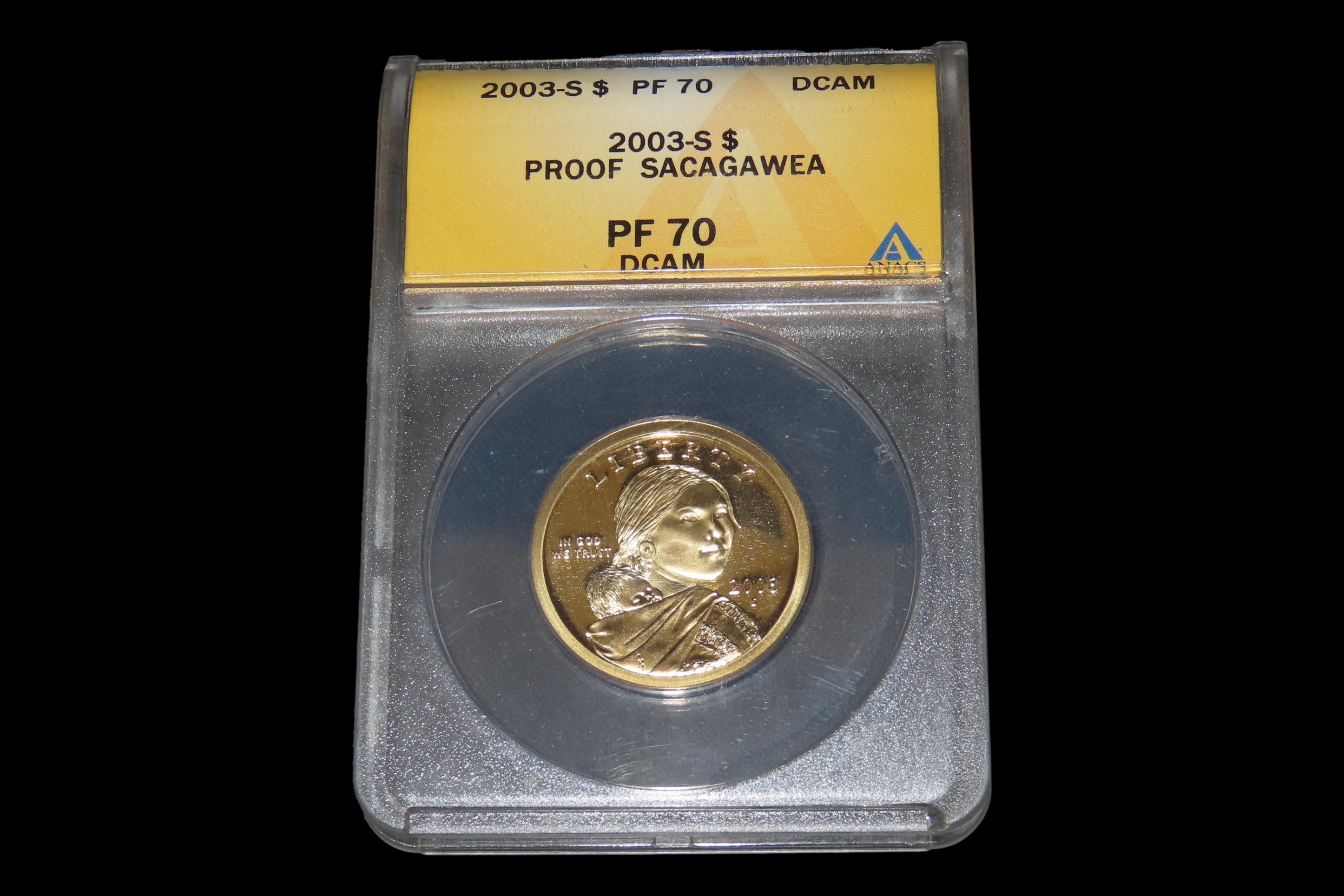 HIGH GRADE Proof 69 Deep Cameo PCGS Slabbed & Graded 2003-S Sacagawea $1 Dollar U.S. Gold Colored Clad Coin