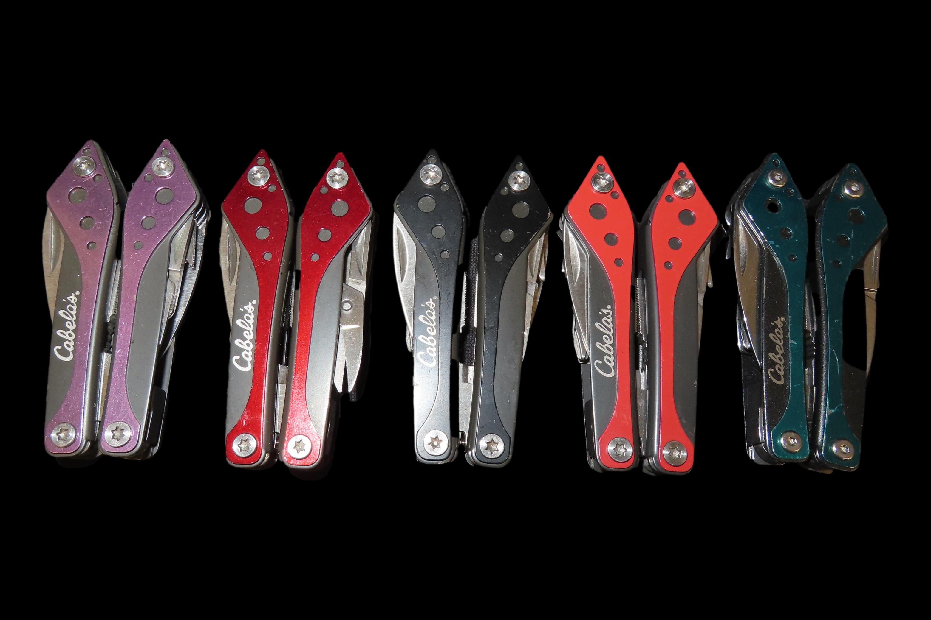 Lot of 5 New Cabela's Brand Pocket Knife Multi Tools, Pliars, Knife, Flat & Phillips Screwdriver, Scissors, Can Opener, Saw. New & Unused.