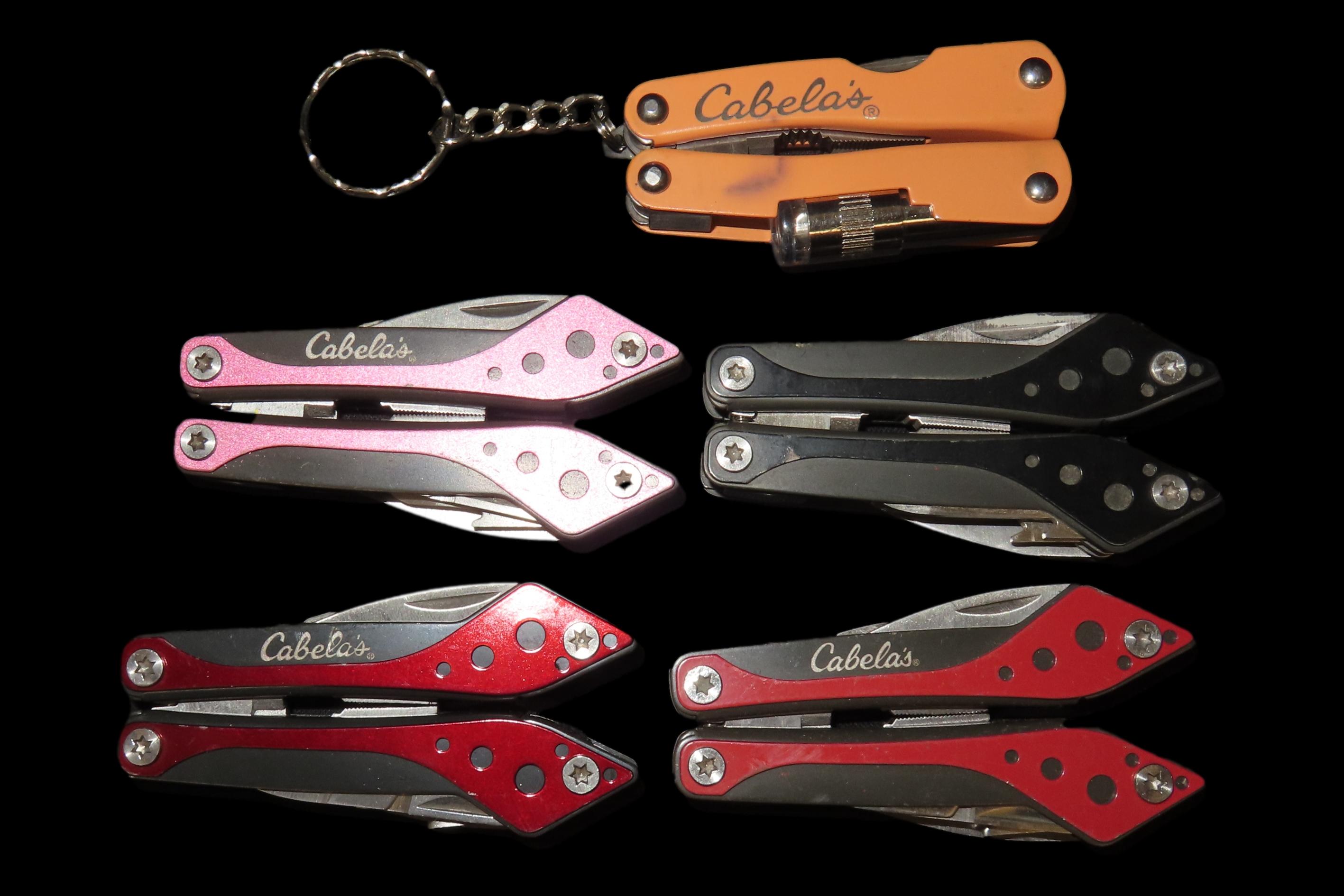 Lot of 5 New Cabela's Brand Pocket Knife Multi Tools, Pliars, Knife, Flat & Phillips Screwdriver, Scissors, Can Opener, Saw. New & Unused. O