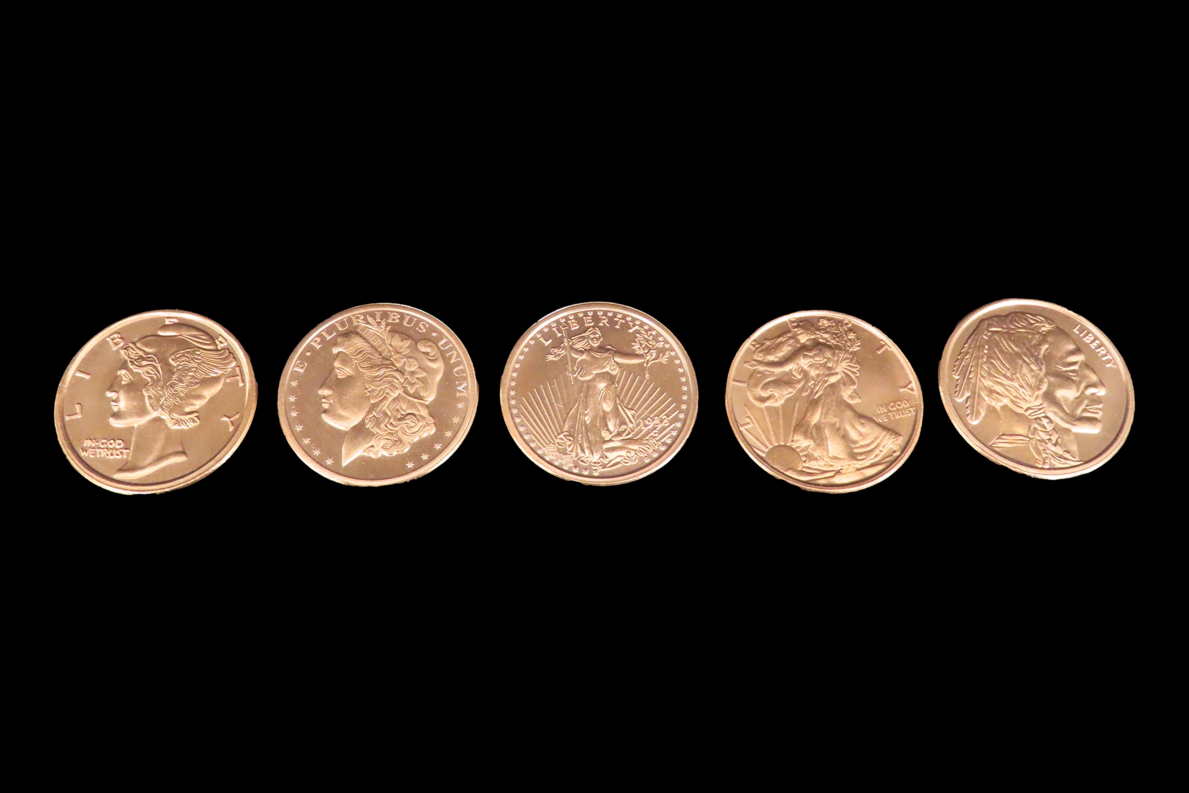 Lot of 6 One Ounce Copper Coins. All Different. Morgan Dollar, Peace Dollar, Mercury Dime, Buffalo Nickel, St Gaudens $20 Gold, Standing Lib